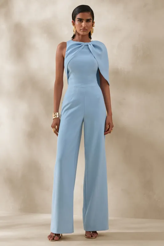 Quinley | Powder Blue Asymmetric-Neck Jumpsuit With Cape-Sleeve made by Club L London