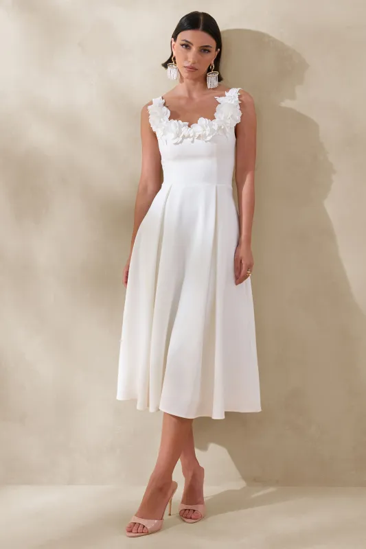 Maelle | White Scoop-Neck Midi Dress With Corsage Detailing made by Club L London