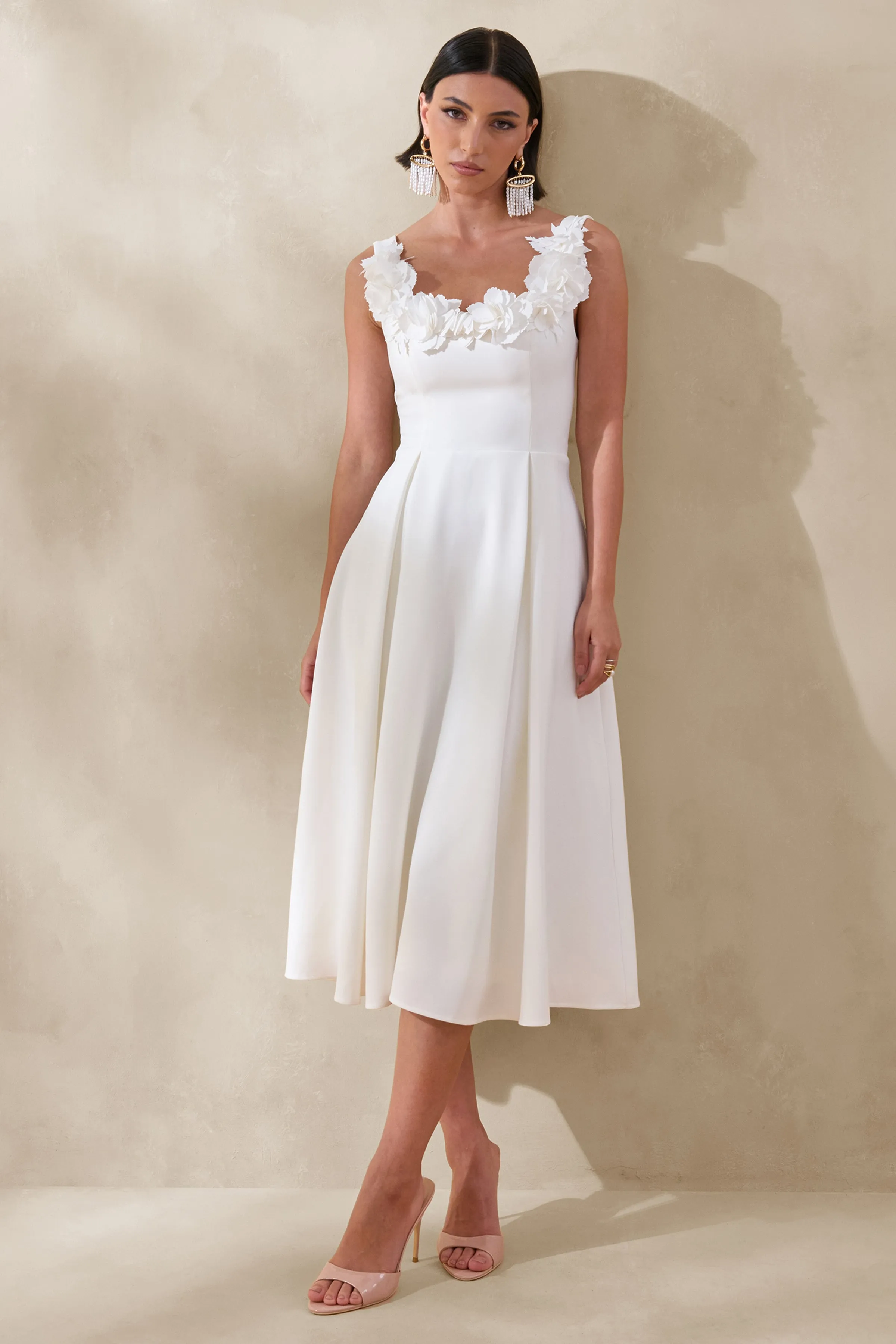 Maelle | White Scoop-Neck Midi Dress With Corsage Detailing sold by Club L London