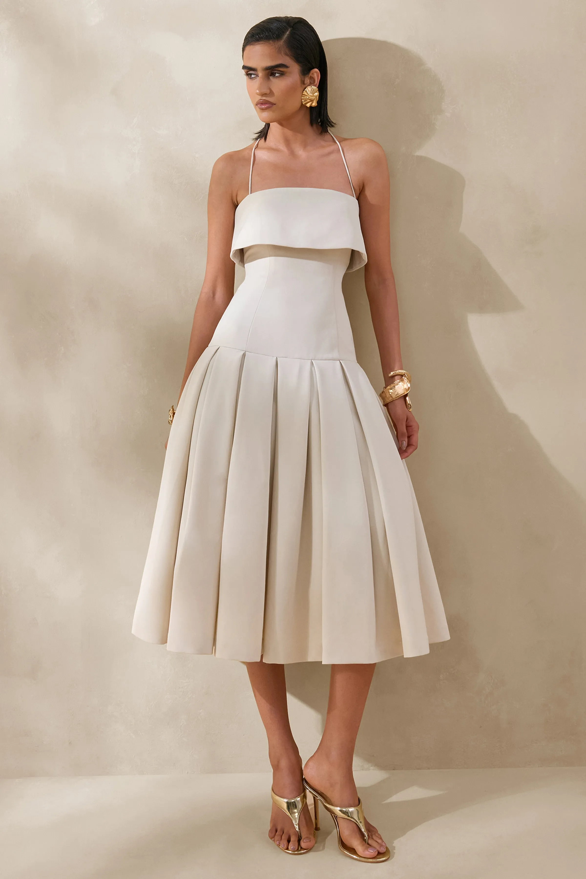 Dazira | Cream Square-Neck Midi Dress With Drop-Waist sold by Club L London