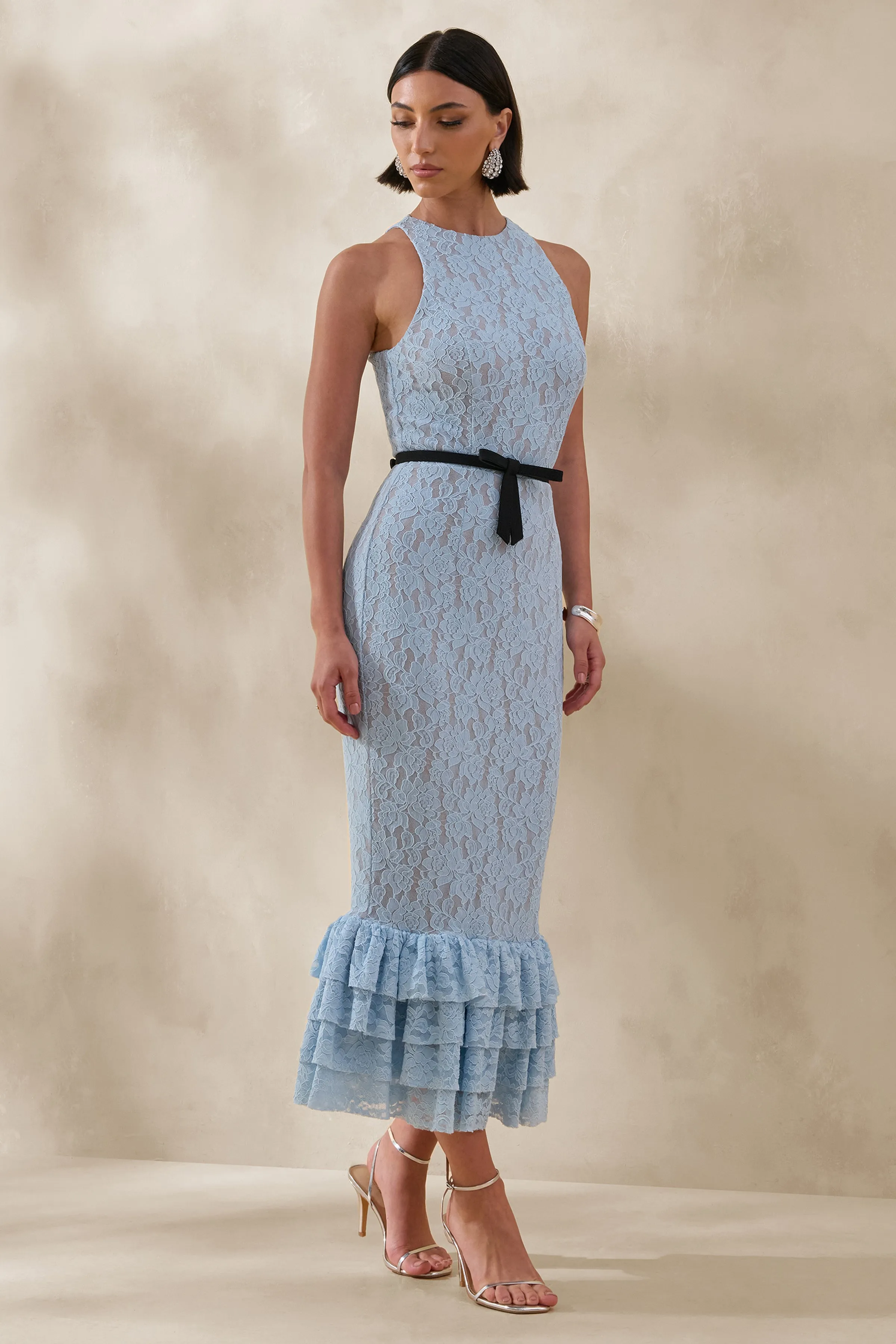 Vionna | Blue Lace High-Neck Midi Dress With Bow-Belt Detail sold by Club L London product image thumbnail 4