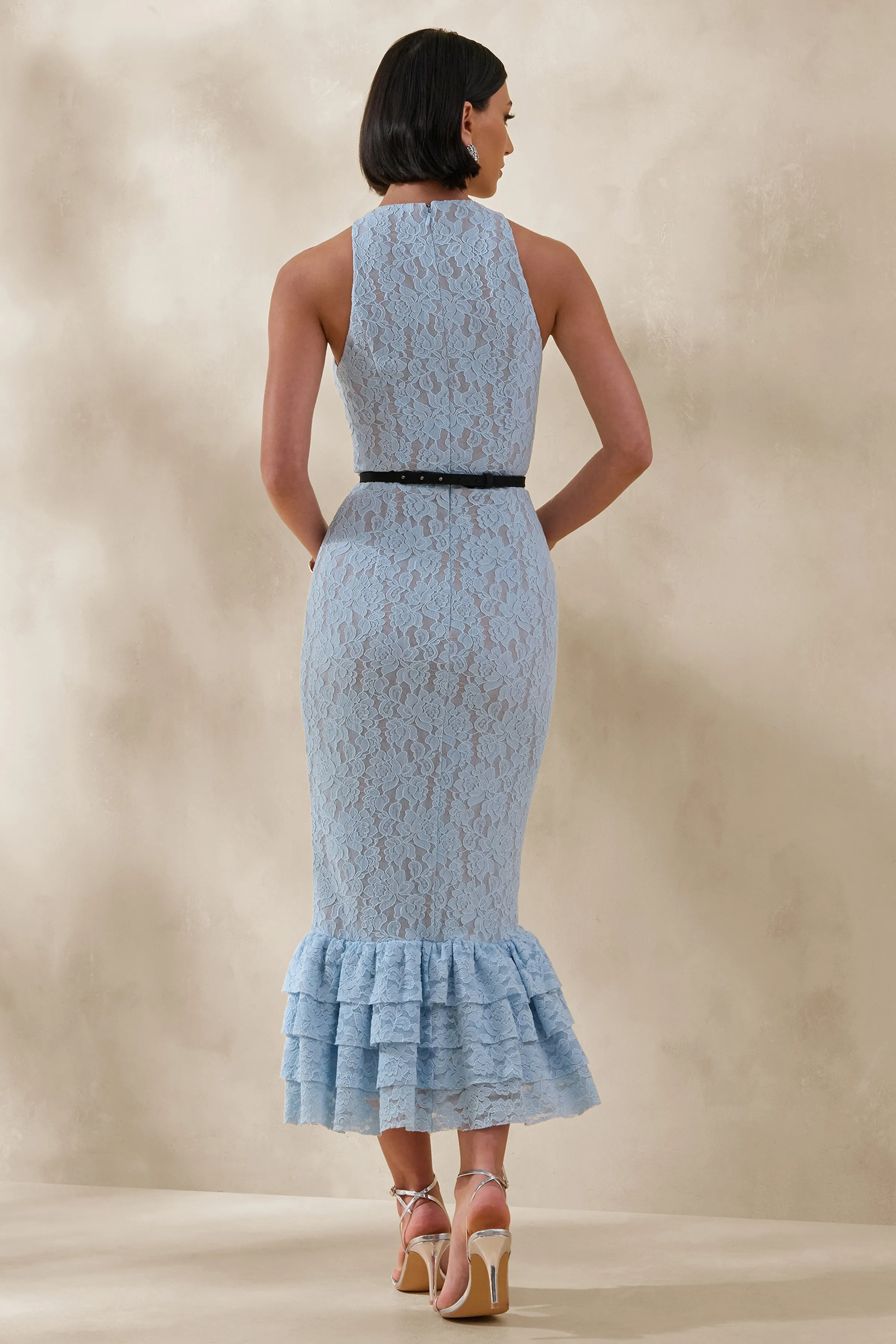 Vionna | Blue Lace High-Neck Midi Dress With Bow-Belt Detail sold by Club L London product image thumbnail 2