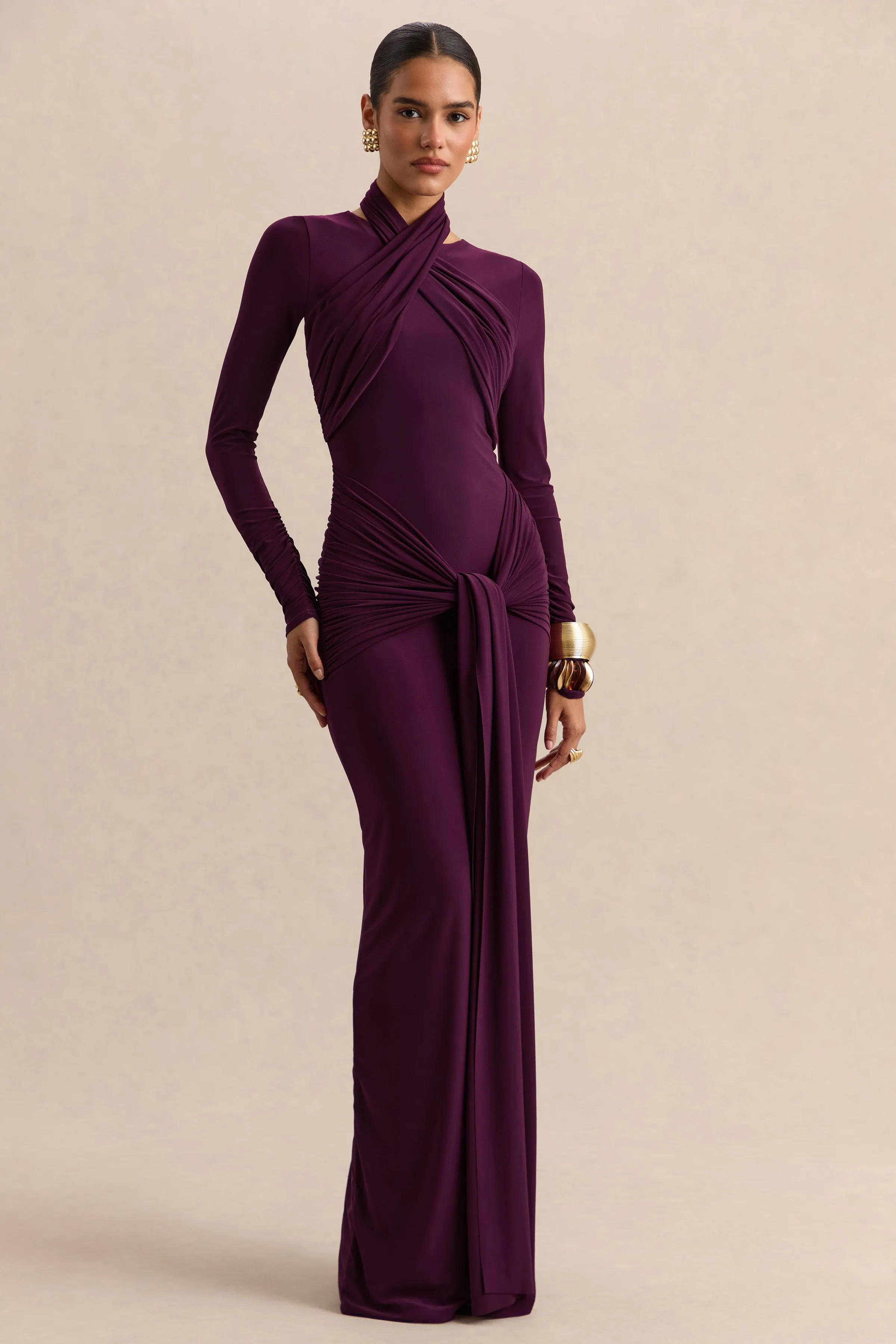 Linessa | Dark Plum High-Neck Maxi Dress With Sash And Gathered-Detailing sold by Club L London product image thumbnail 3