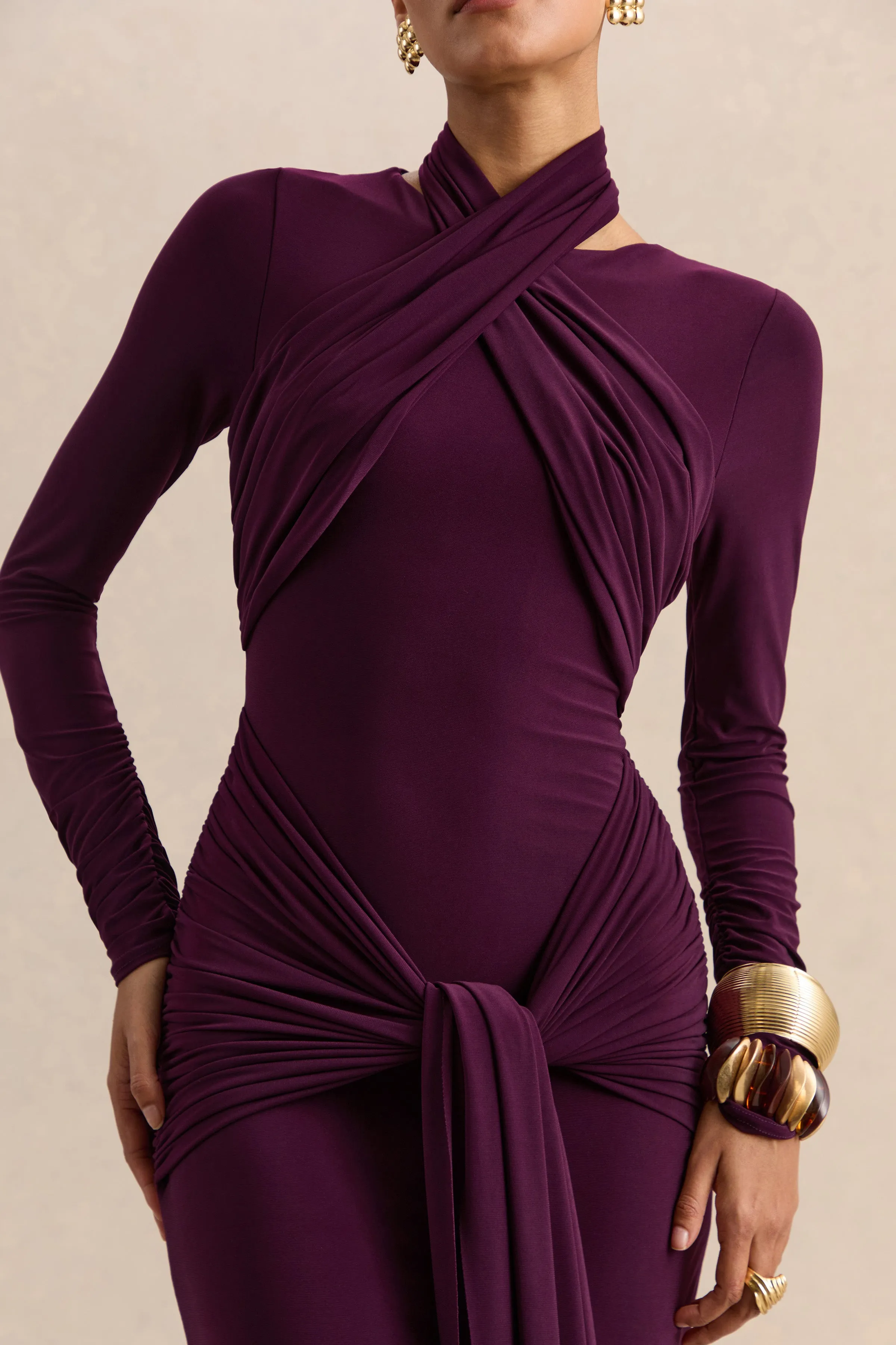 Linessa | Dark Plum High-Neck Maxi Dress With Sash And Gathered-Detailing sold by Club L London product image thumbnail 4