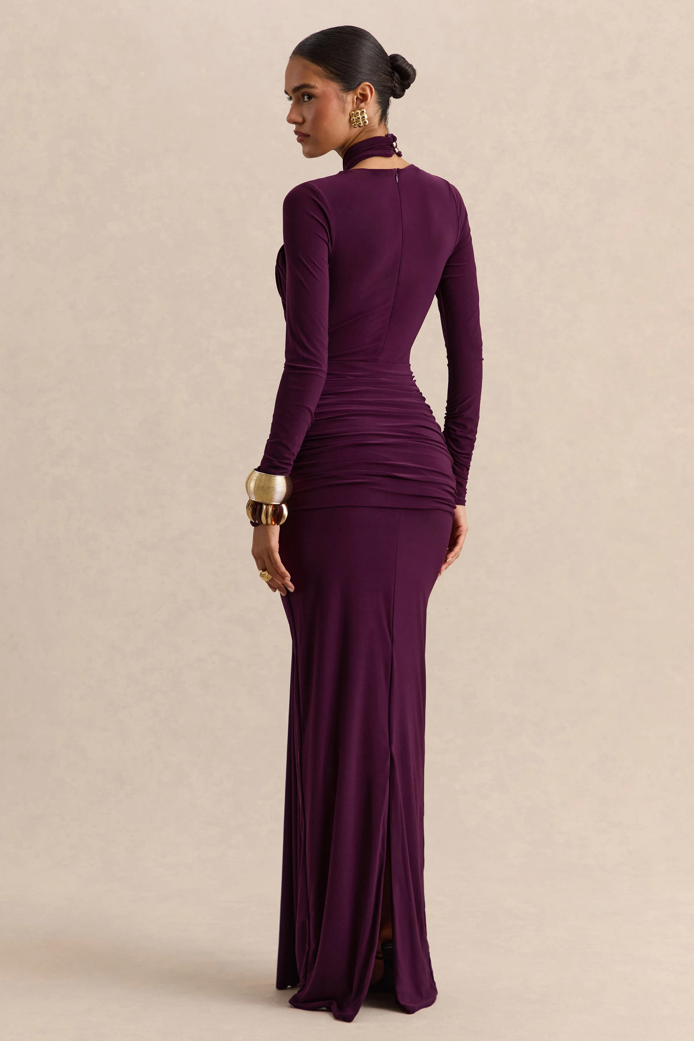Linessa | Dark Plum High-Neck Maxi Dress With Sash And Gathered-Detailing sold by Club L London product image thumbnail 2