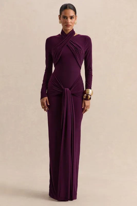 Linessa | Dark Plum High-Neck Maxi Dress With Sash And Gathered-Detailing sold by Club L London
