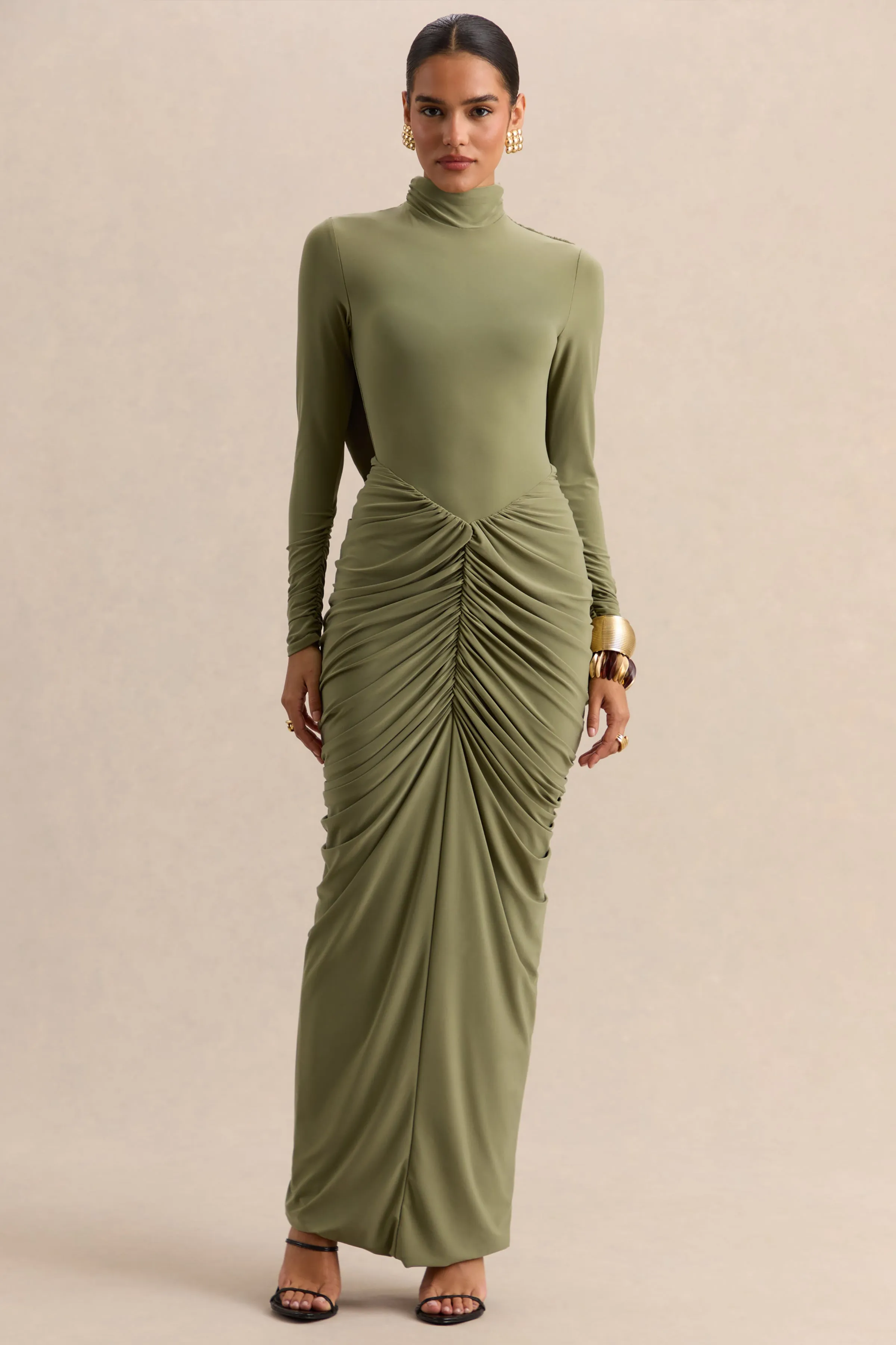 Harmona | Olive High-Neck Maxi Dress With Gathered And Draped-Detailing sold by Club L London product image thumbnail 4