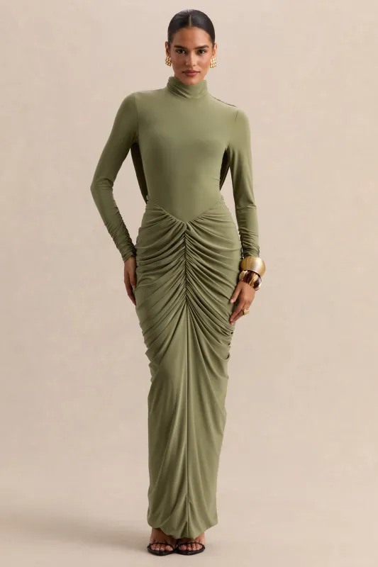 Harmona | Olive High-Neck Maxi Dress With Gathered And Draped-Detailing made by Club L London