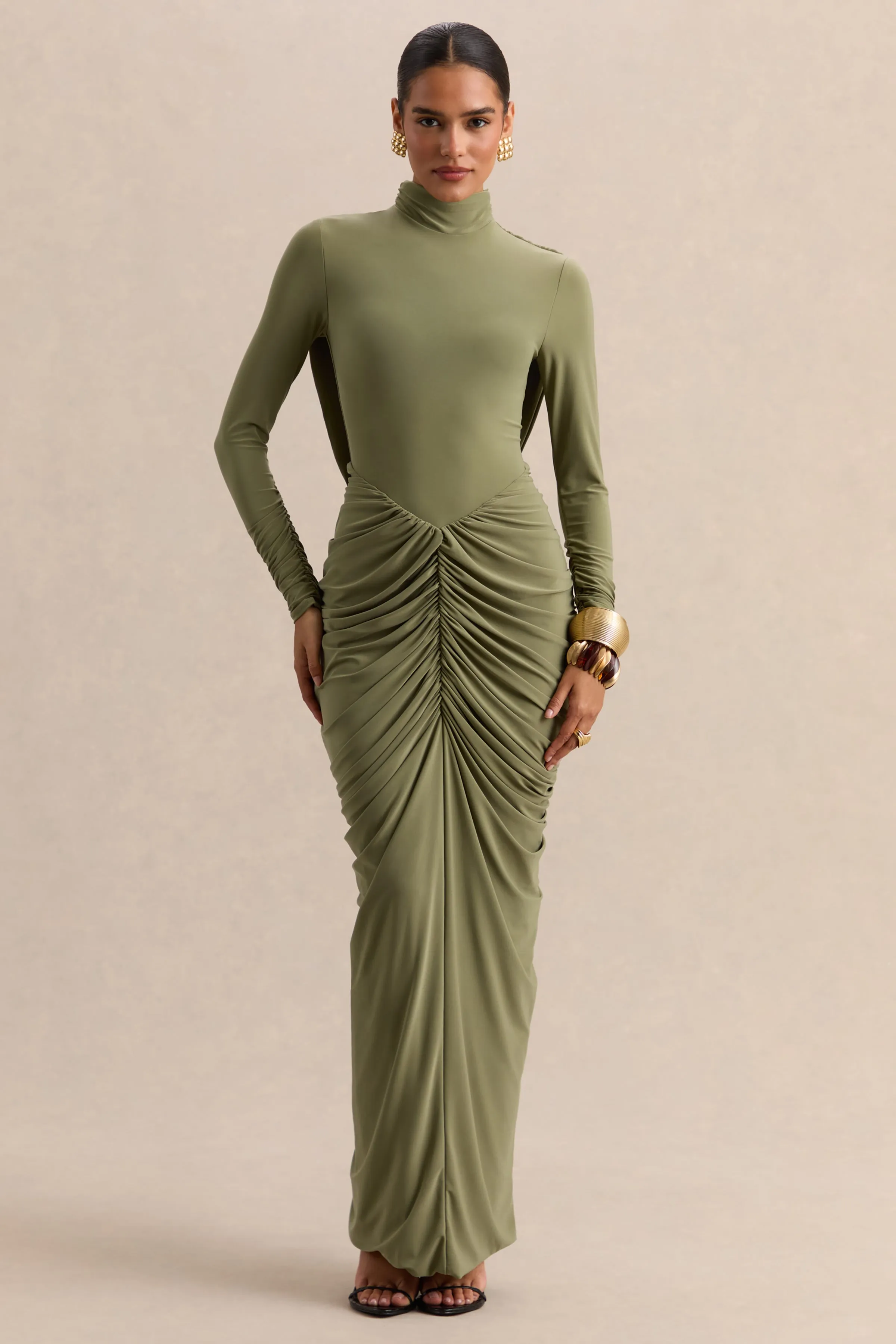Harmona | Olive High-Neck Maxi Dress With Gathered And Draped-Detailing sold by Club L London