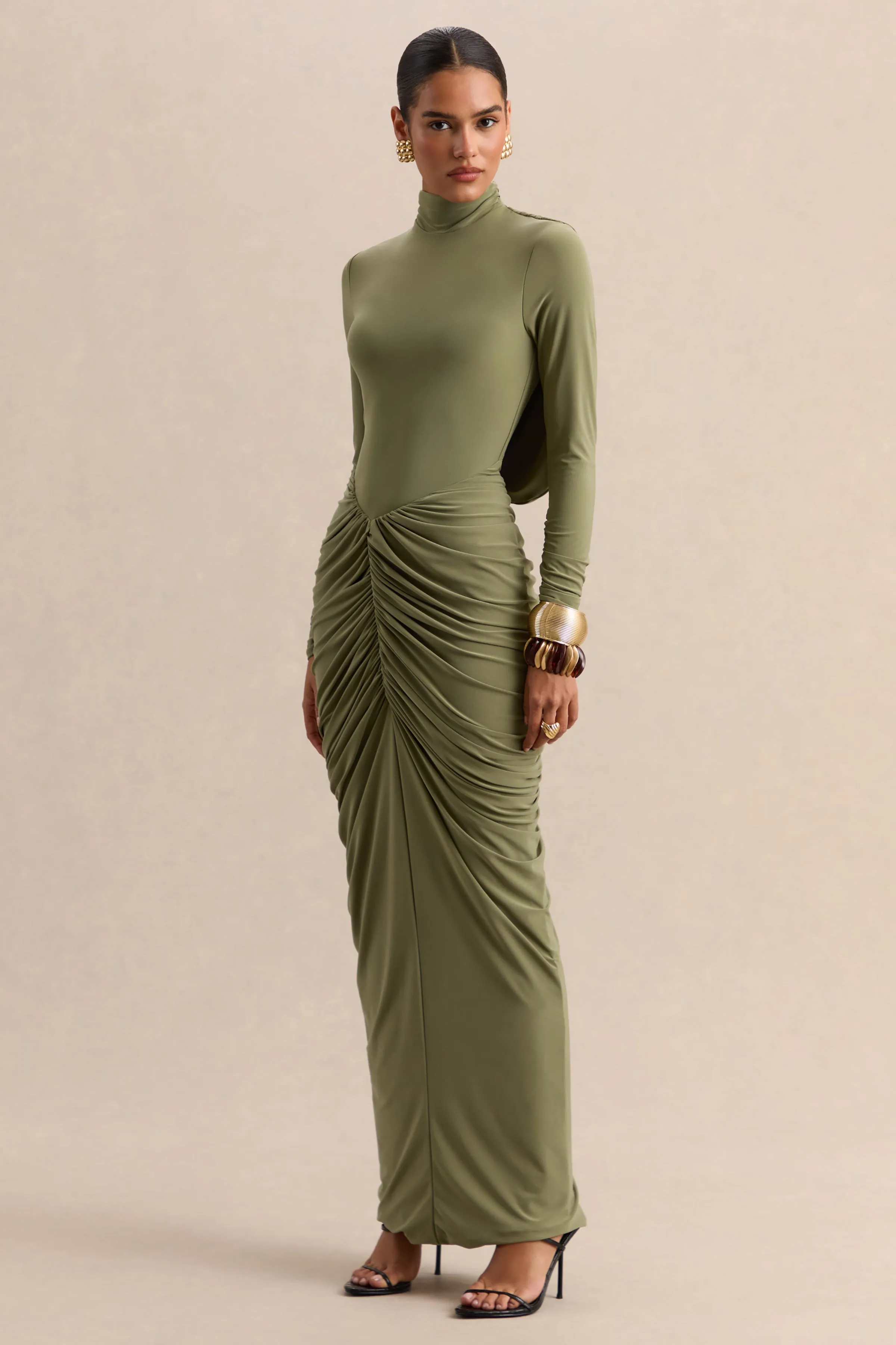 Harmona | Olive High-Neck Maxi Dress With Gathered And Draped-Detailing sold by Club L London product image thumbnail 5