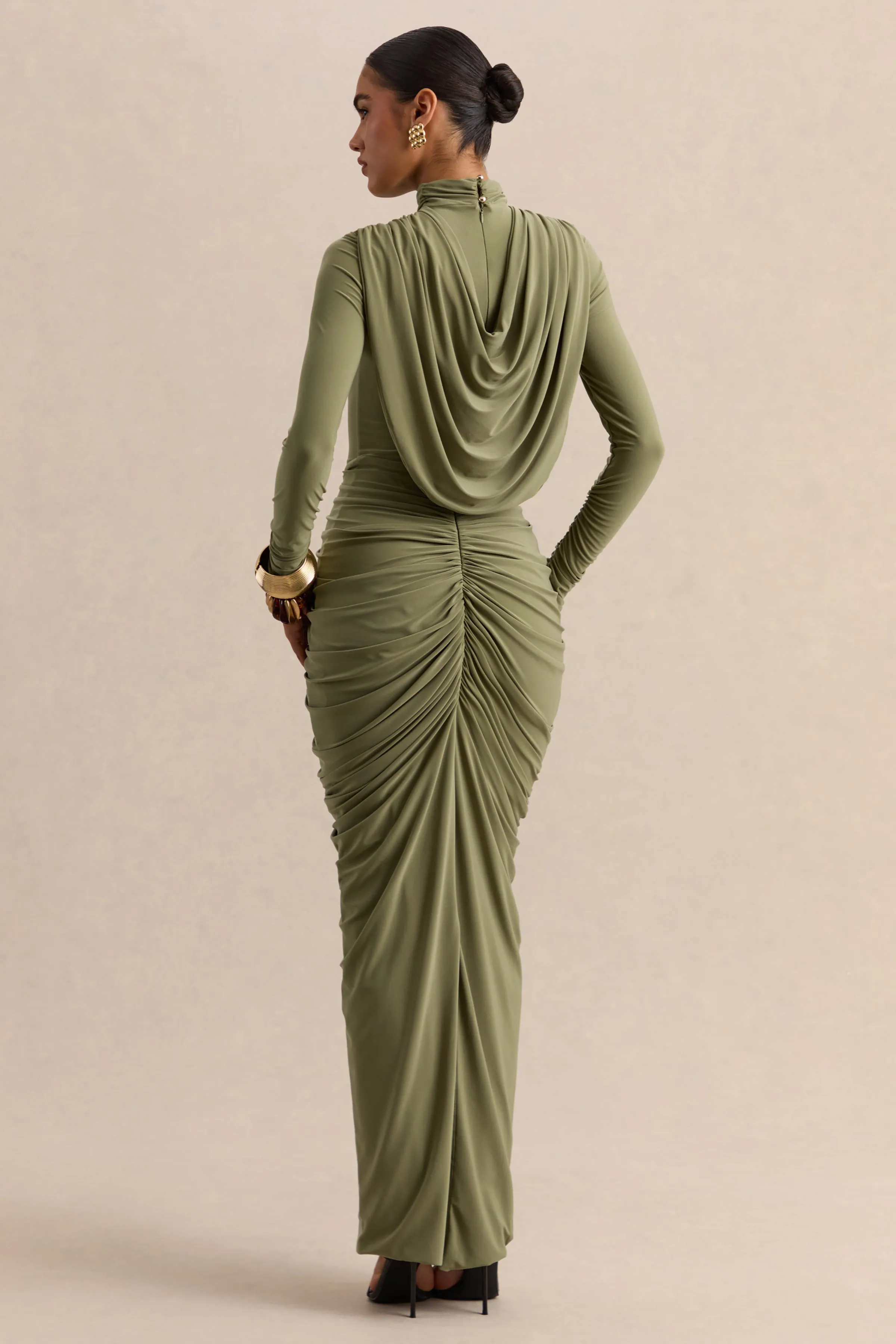Harmona | Olive High-Neck Maxi Dress With Gathered And Draped-Detailing sold by Club L London product image thumbnail 2