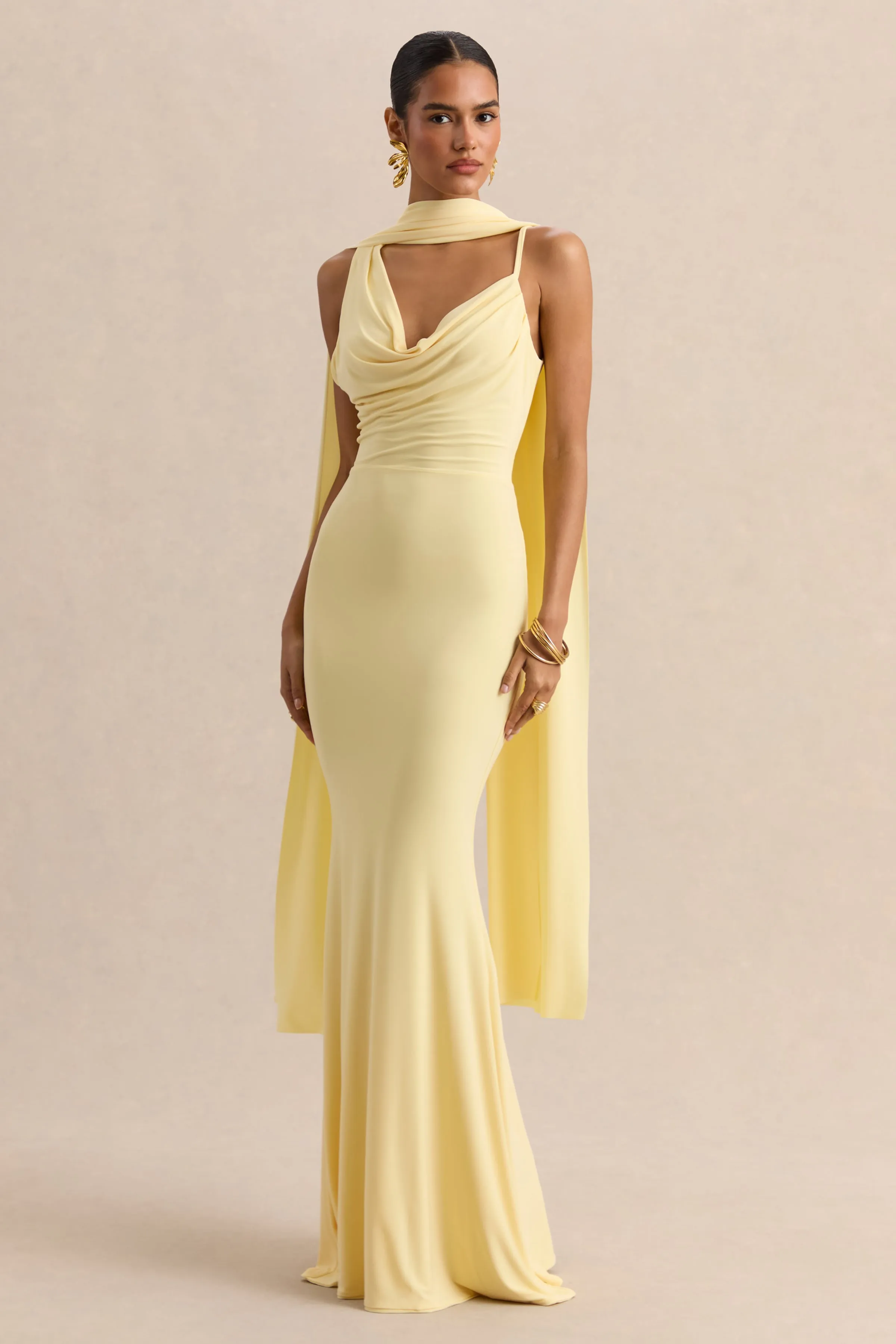 Armelia | Lemon Cowl-Neck Maxi Dress With Scarf-Detail sold by Club L London