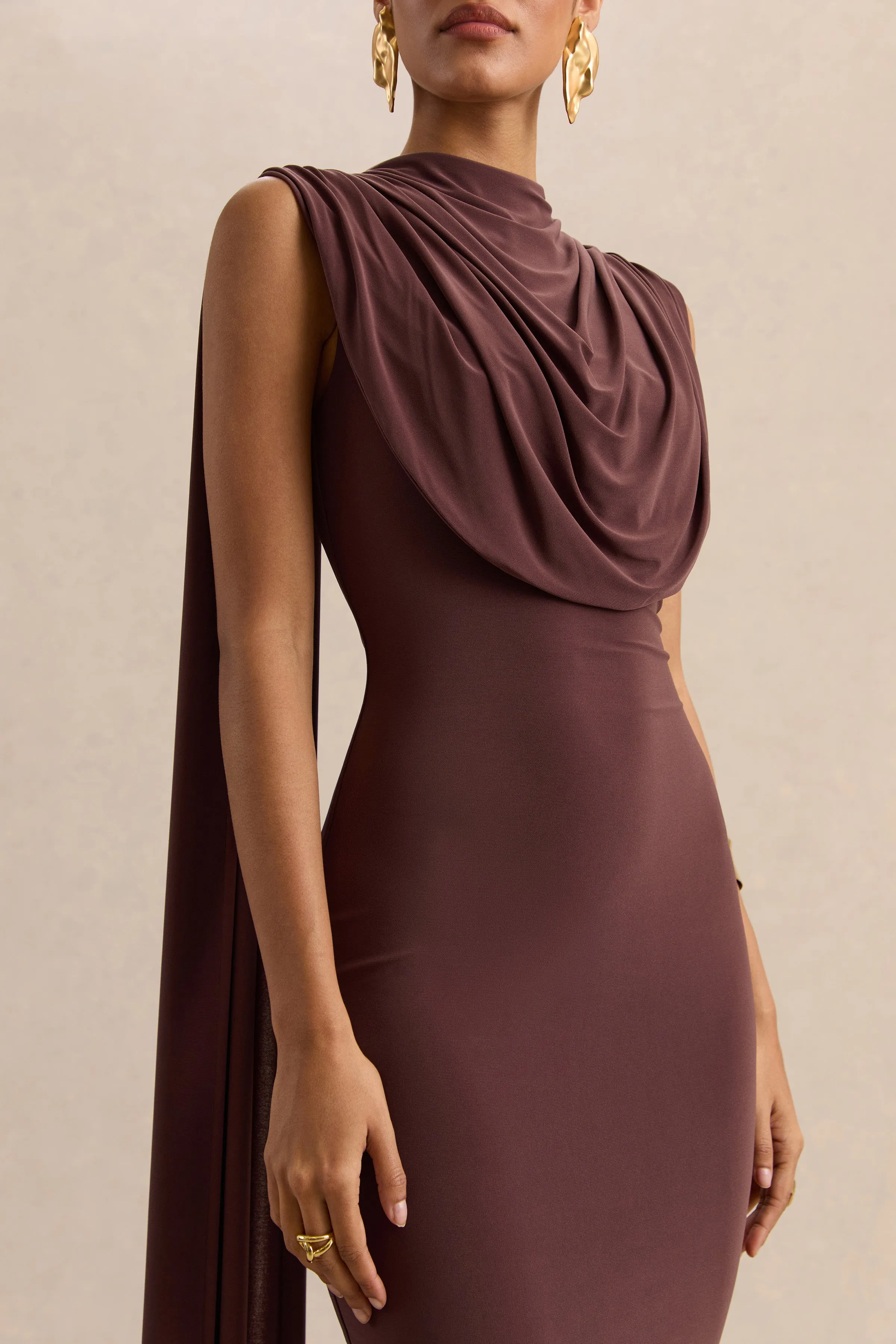 Patrina | Brown High-Neck Maxi Dress With Draped-Detailing And Cape-Sleeves sold by Club L London product image thumbnail 3
