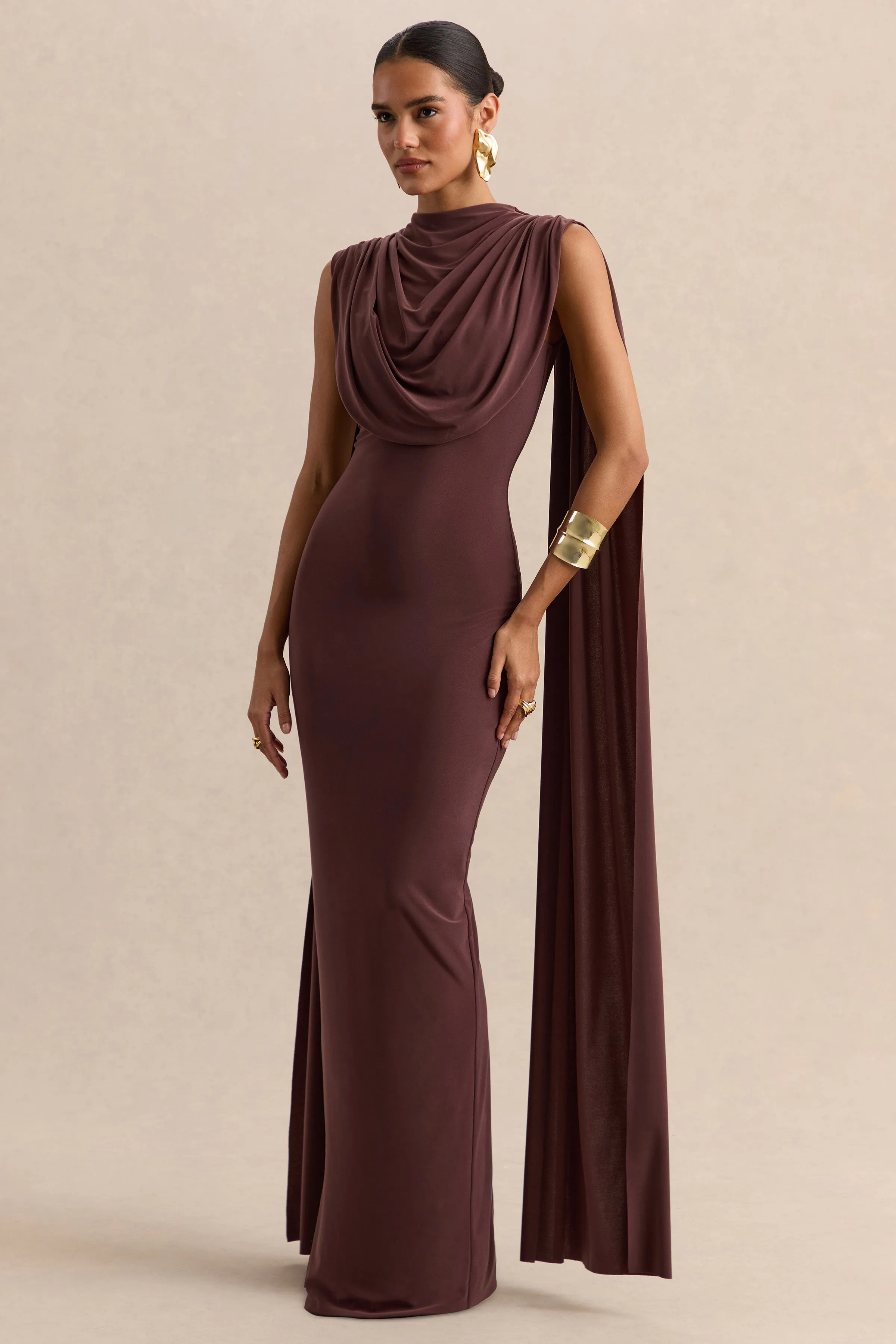Patrina | Brown High-Neck Maxi Dress With Draped-Detailing And Cape-Sleeves sold by Club L London product image thumbnail 4