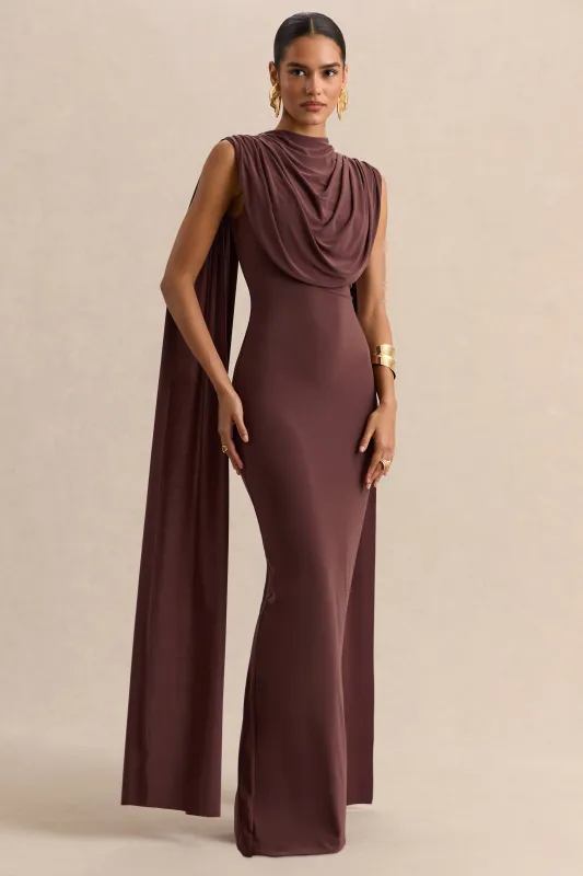 Patrina | Brown High-Neck Maxi Dress With Draped-Detailing And Cape-Sleeves made by Club L London