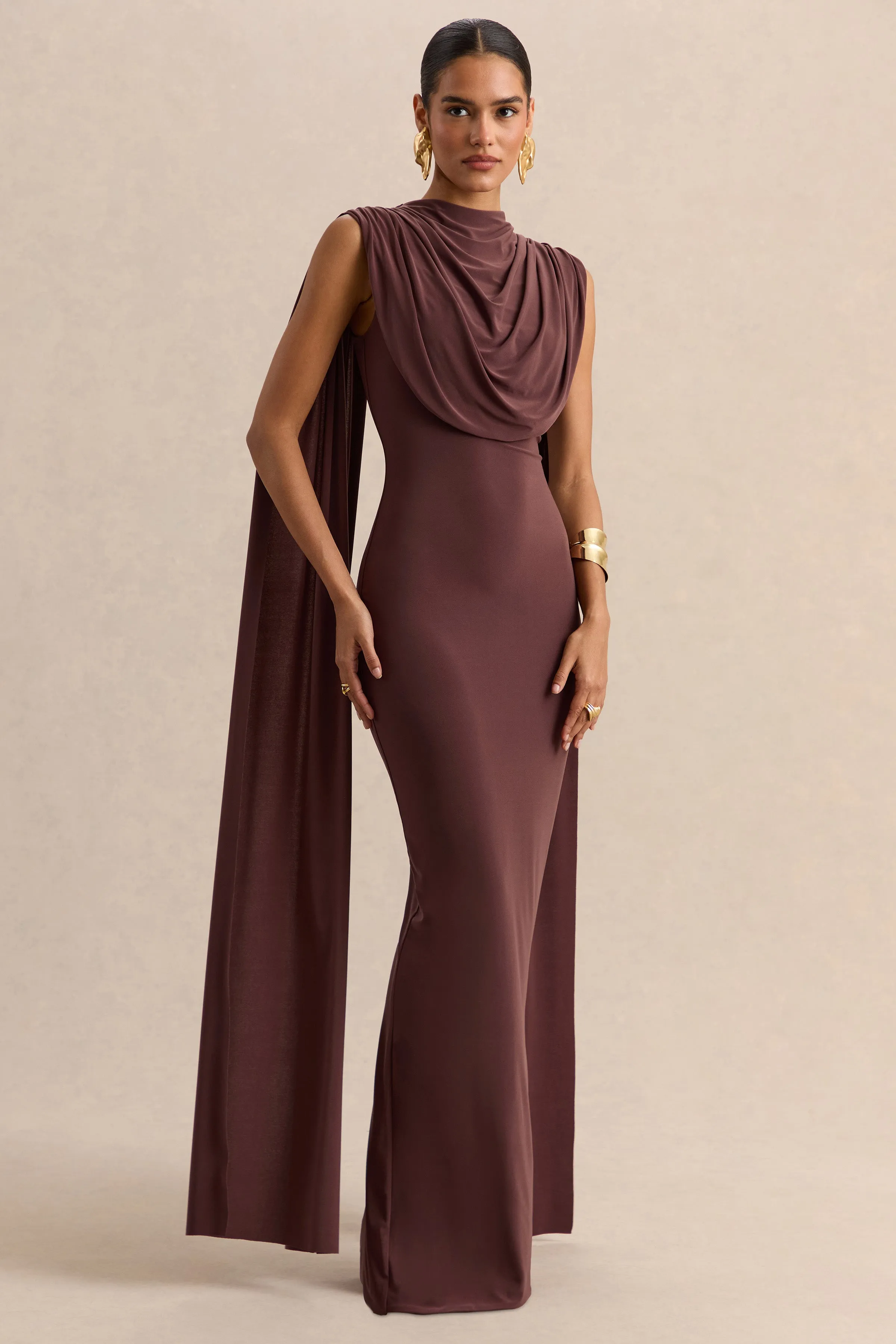 Patrina | Brown High-Neck Maxi Dress With Draped-Detailing And Cape-Sleeves sold by Club L London