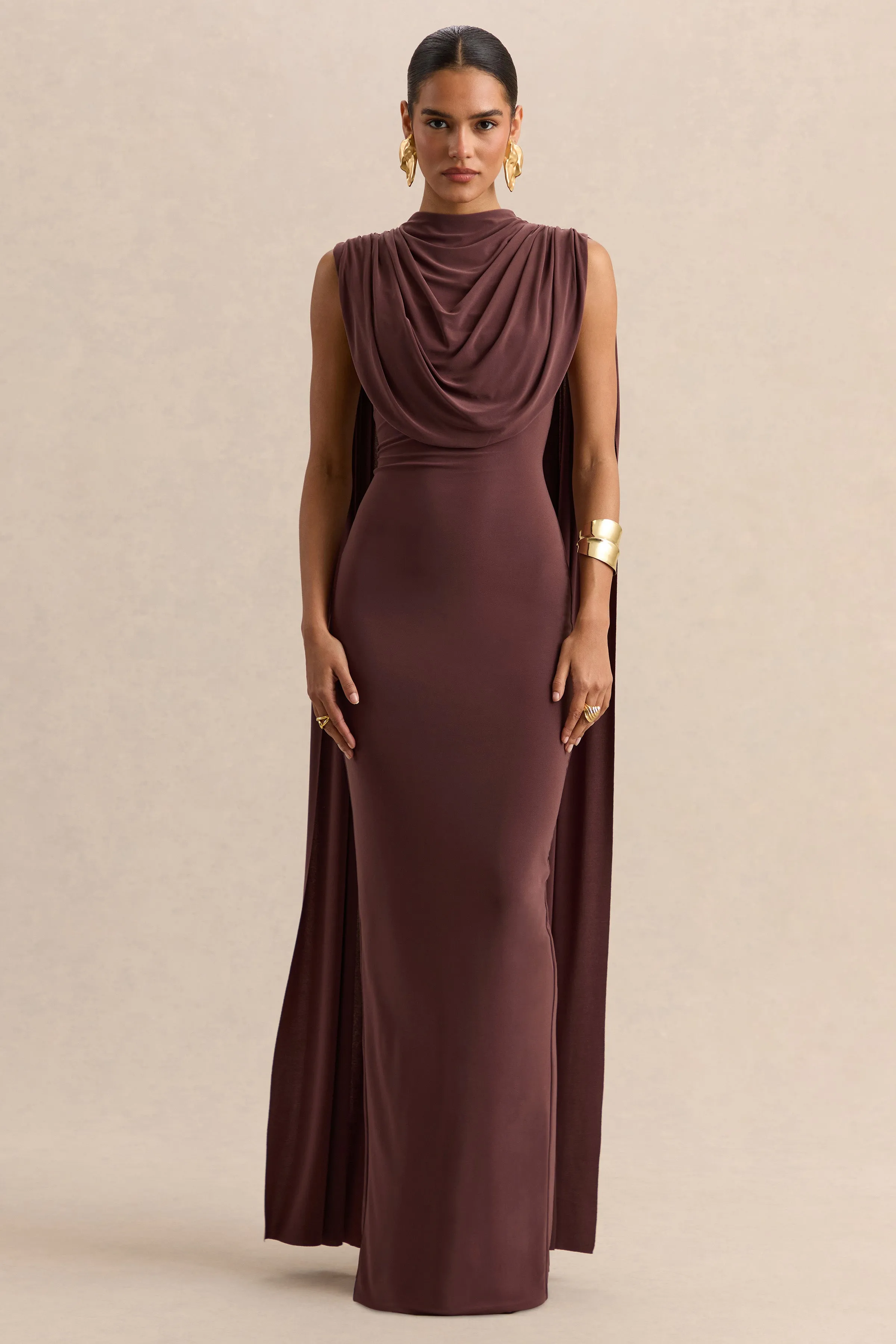 Patrina | Brown High-Neck Maxi Dress With Draped-Detailing And Cape-Sleeves sold by Club L London product image thumbnail 5