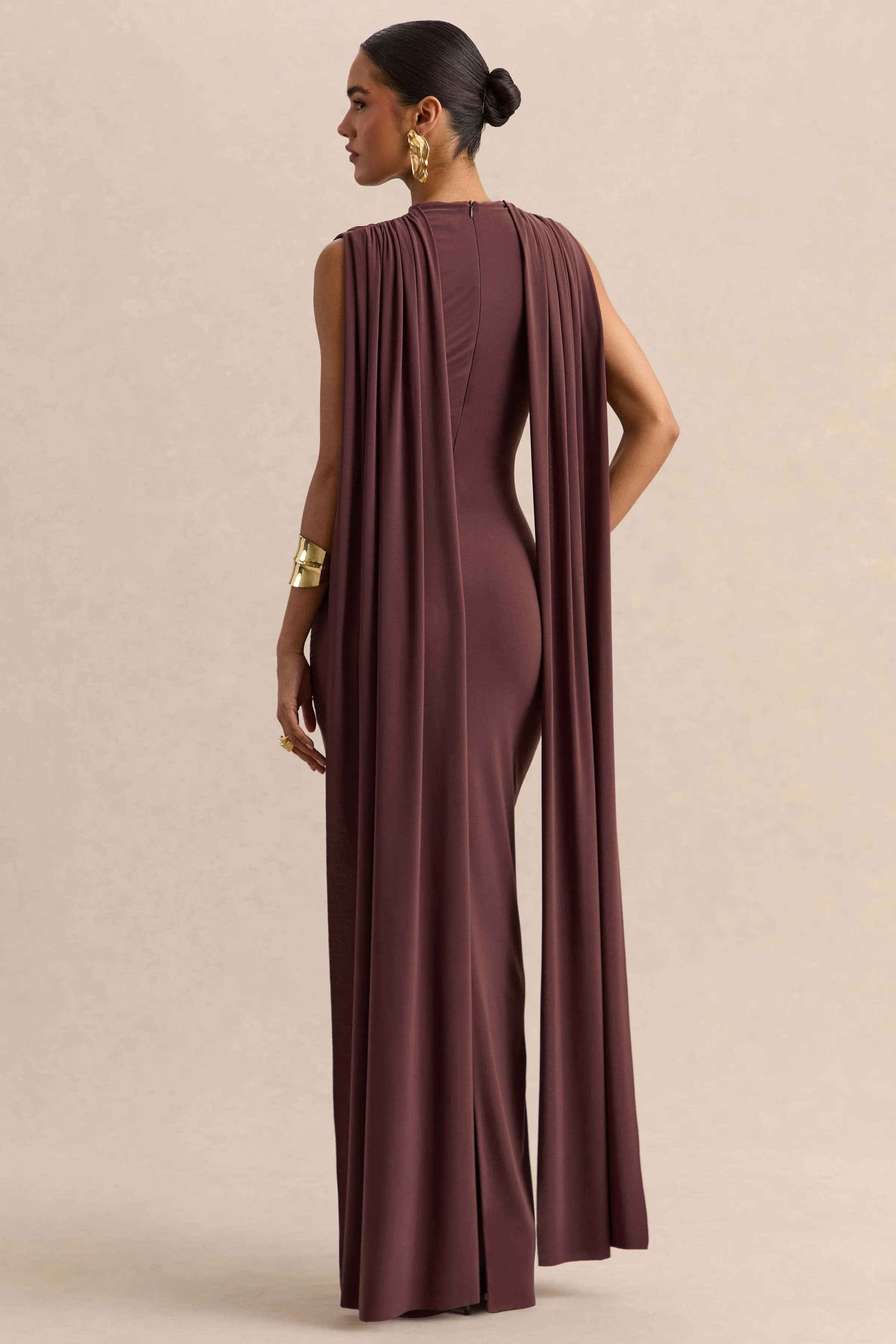 Patrina | Brown High-Neck Maxi Dress With Draped-Detailing And Cape-Sleeves sold by Club L London product image thumbnail 2