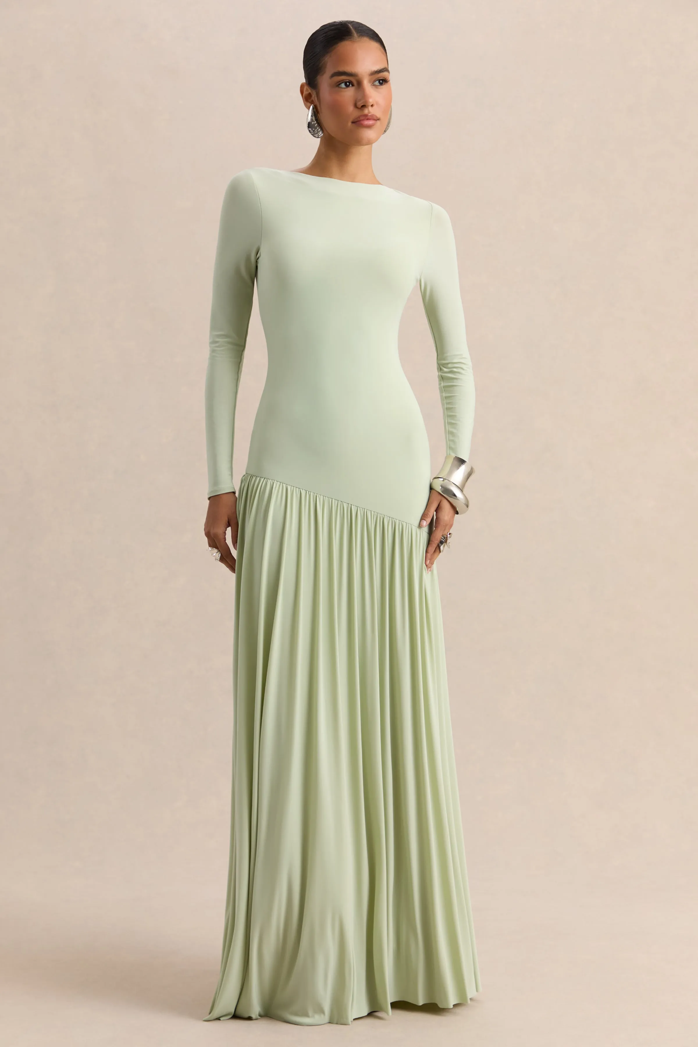 Jasira | Mint Crew-Neck Maxi Dress With Asymmetric Drop-Waist sold by Club L London product image thumbnail 4