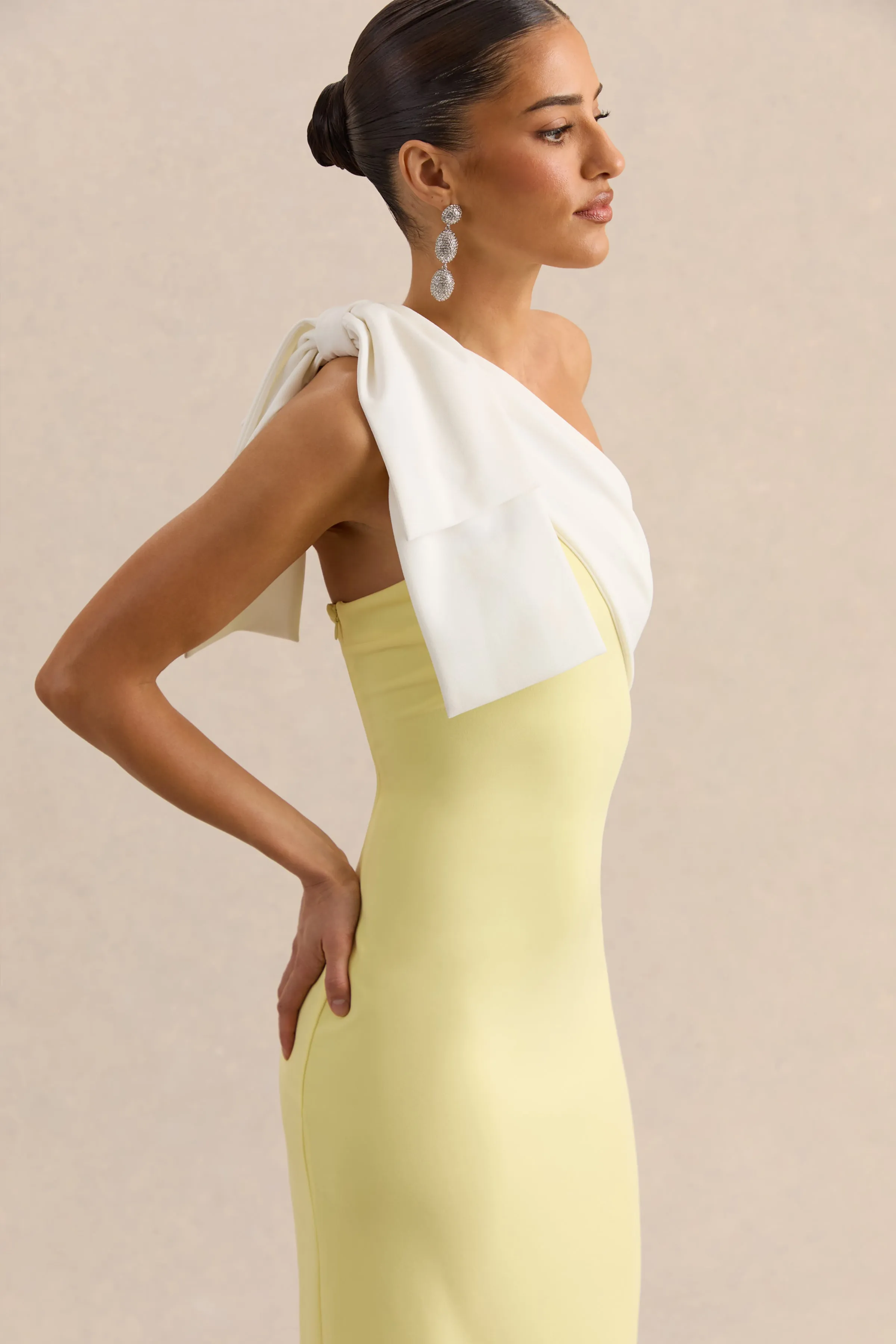 Adara | Lemon & White Asymmetric-Neck Maxi Dress With Bow-Detail sold by Club L London product image thumbnail 3