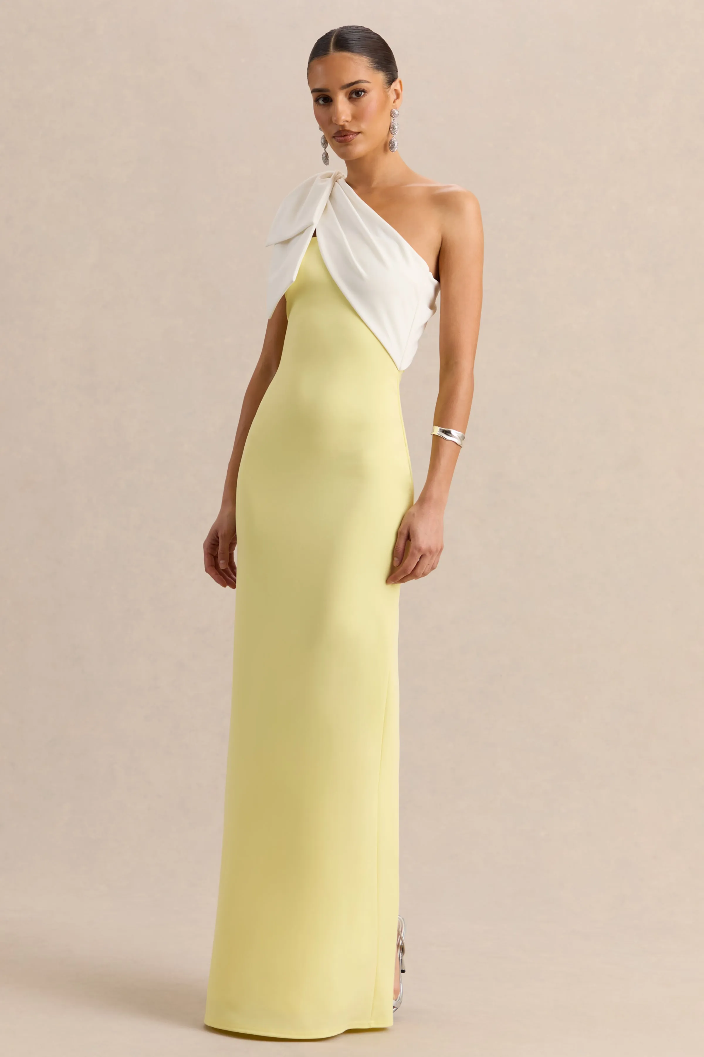 Adara | Lemon & White Asymmetric-Neck Maxi Dress With Bow-Detail sold by Club L London product image thumbnail 4