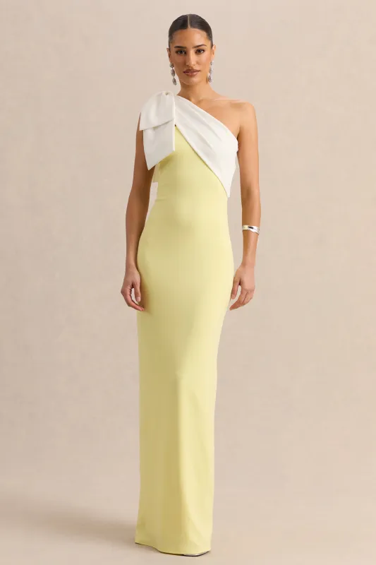 Adara | Lemon & White Asymmetric-Neck Maxi Dress With Bow-Detail made by Club L London