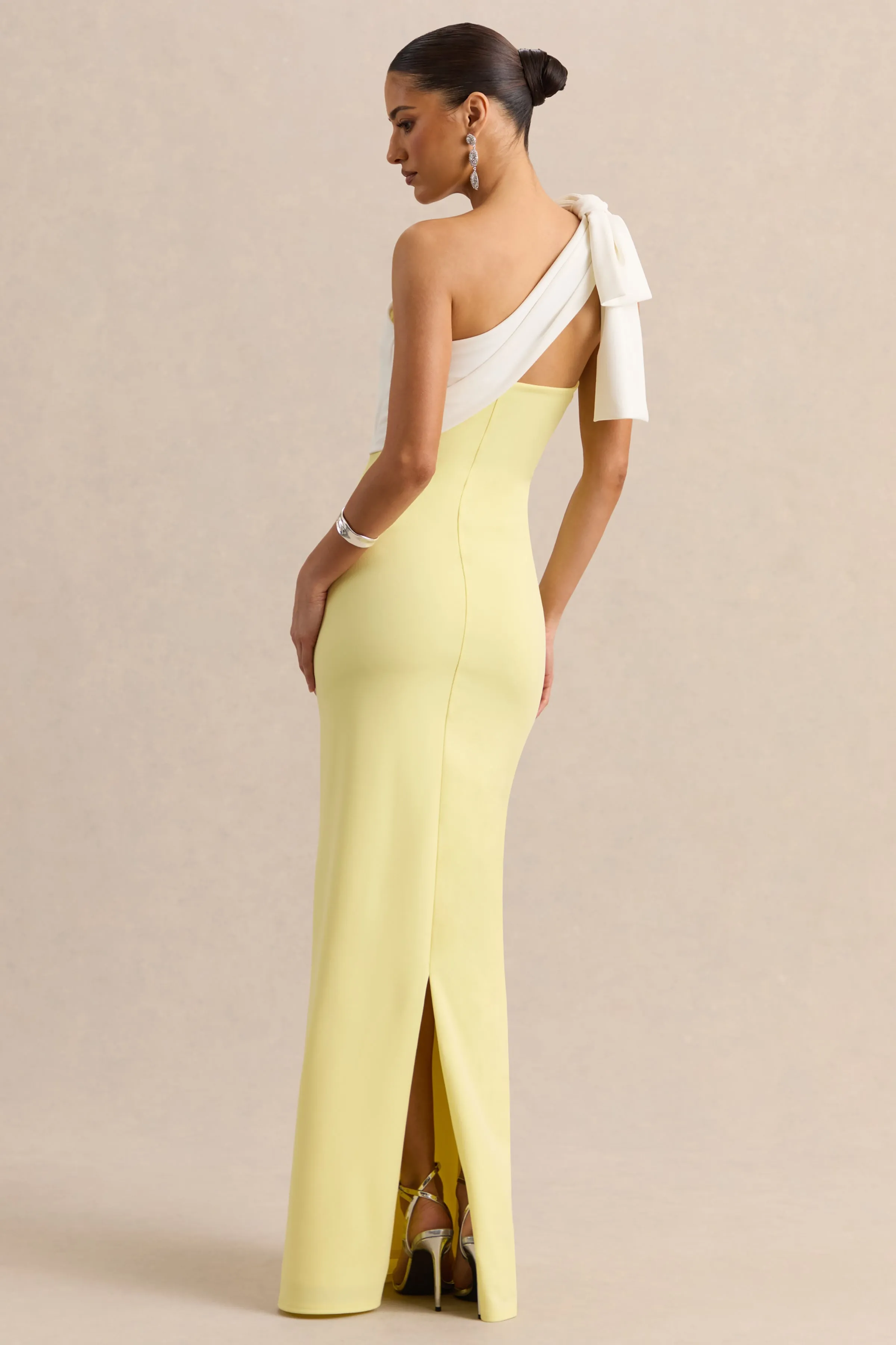 Adara | Lemon & White Asymmetric-Neck Maxi Dress With Bow-Detail sold by Club L London product image thumbnail 2