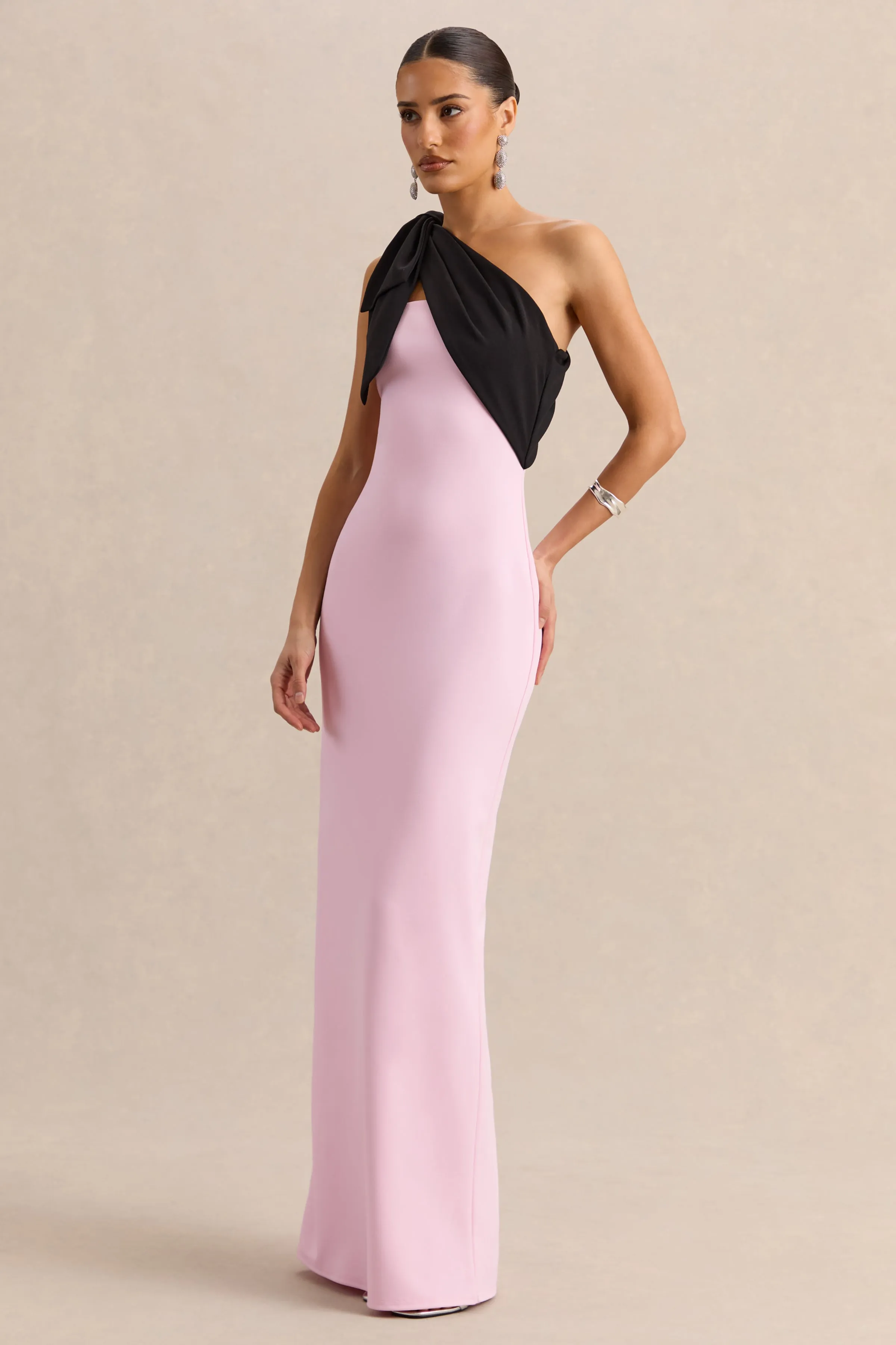 Adara | Pink & Black Asymmetric-Neck Maxi Dress With Bow-Detail sold by Club L London product image thumbnail 4