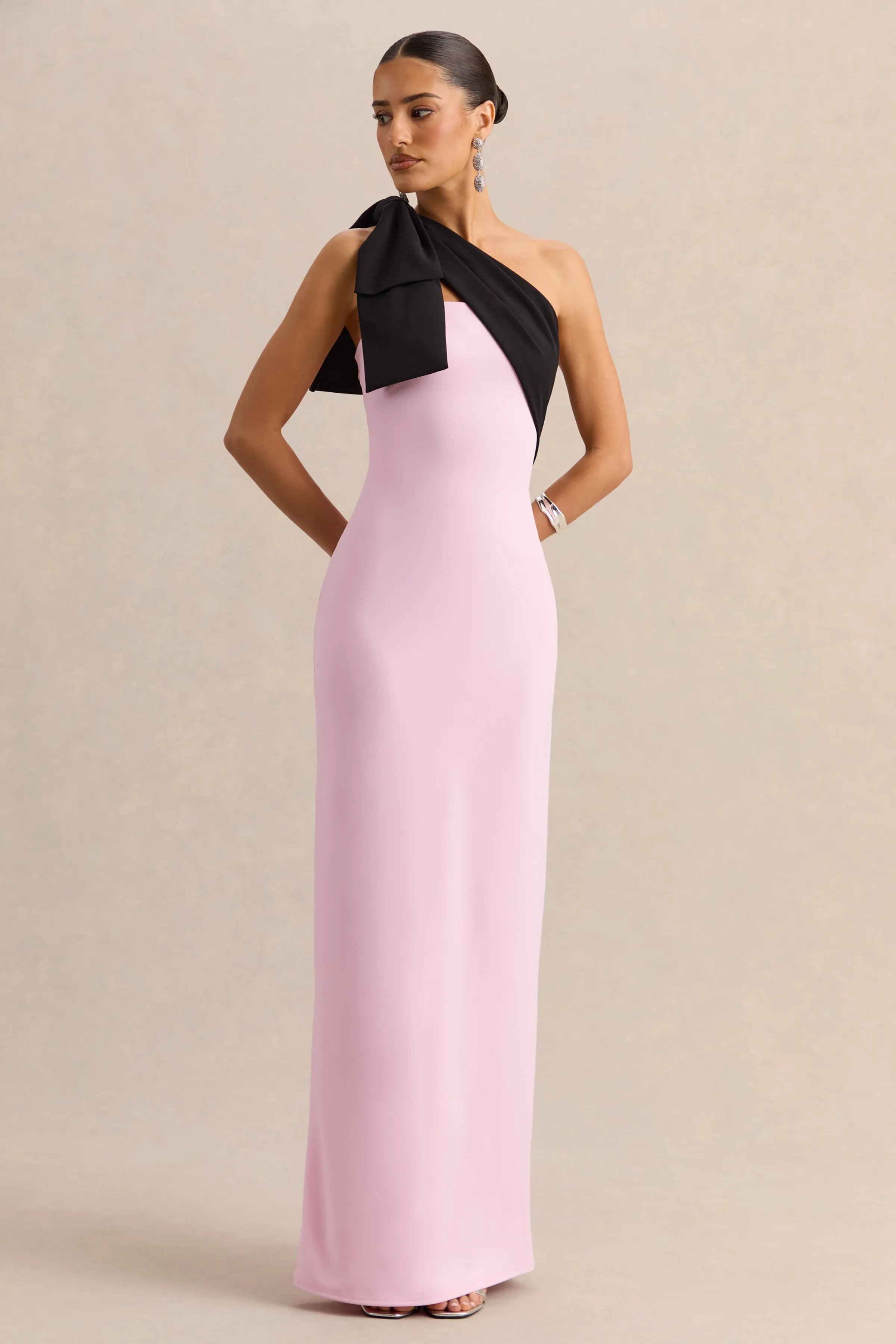 Adara | Pink & Black Asymmetric-Neck Maxi Dress With Bow-Detail sold by Club L London product image thumbnail 5