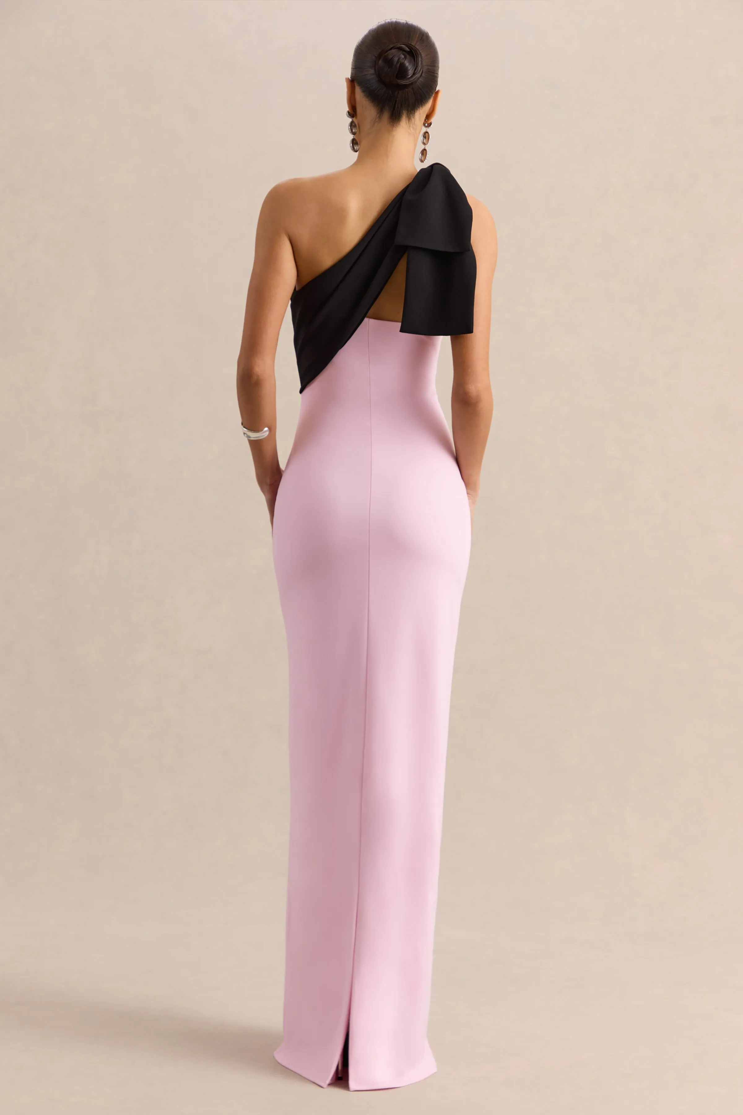 Adara | Pink & Black Asymmetric-Neck Maxi Dress With Bow-Detail sold by Club L London product image thumbnail 2