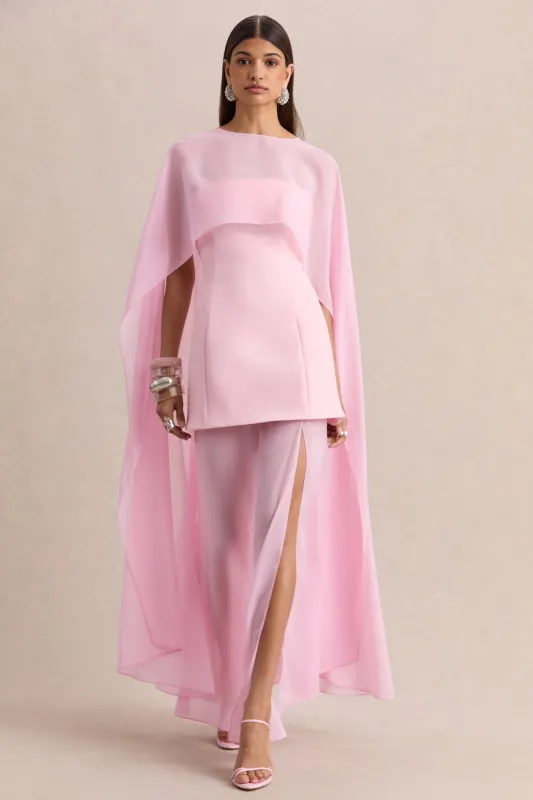 Chessa | Light Pink Boat-Neck Maxi Dress With Sheer Cape made by Club L London