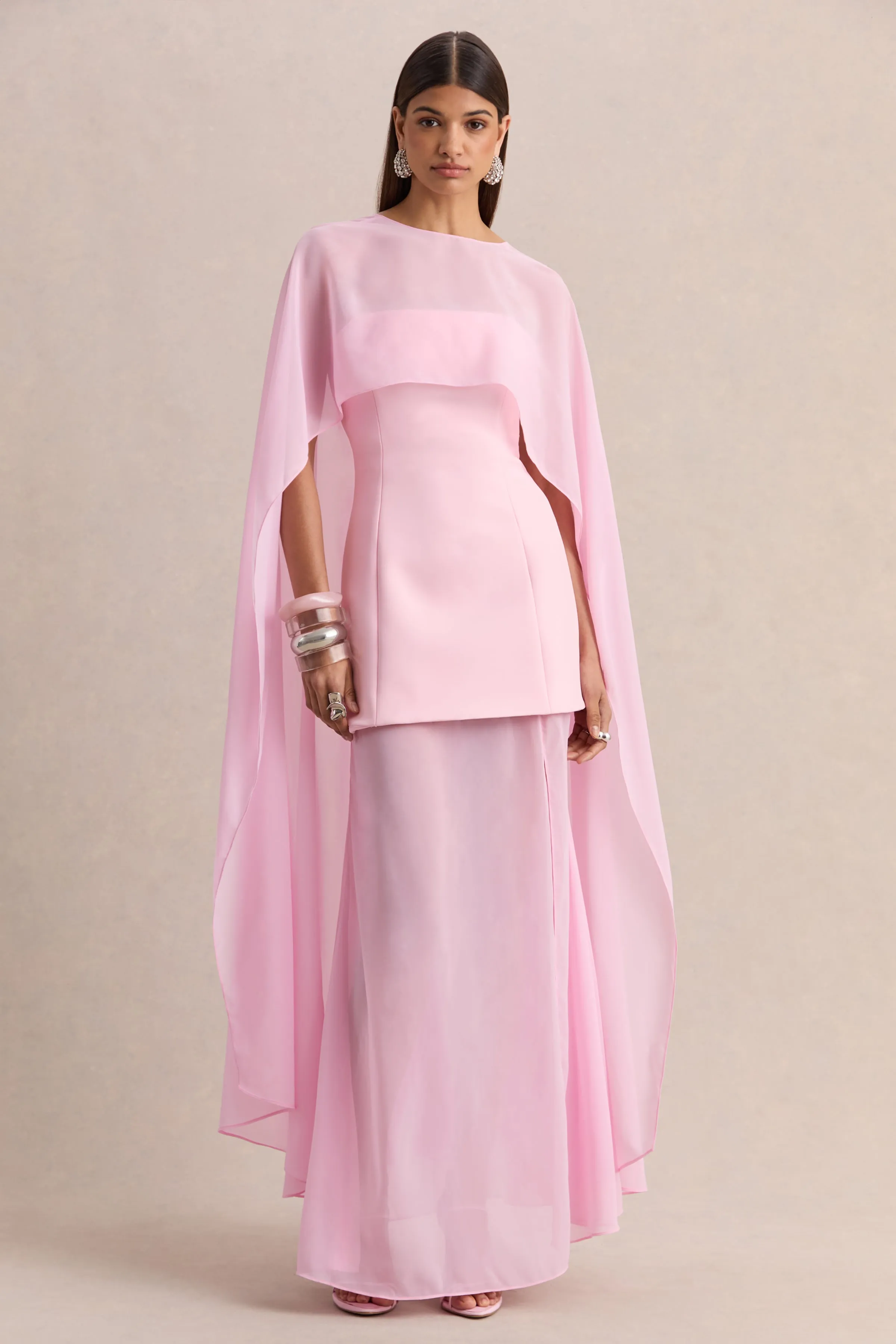 Chessa | Light Pink Boat-Neck Maxi Dress With Sheer Cape sold by Club L London product image thumbnail 3