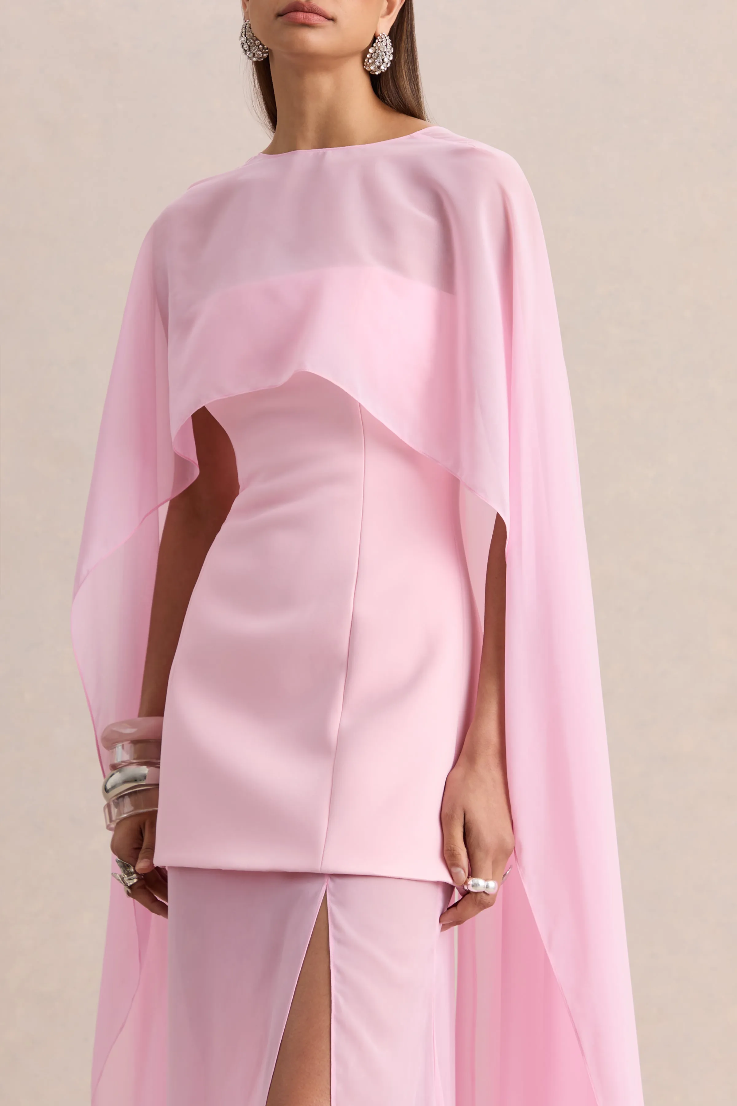 Chessa | Light Pink Boat-Neck Maxi Dress With Sheer Cape sold by Club L London product image thumbnail 4