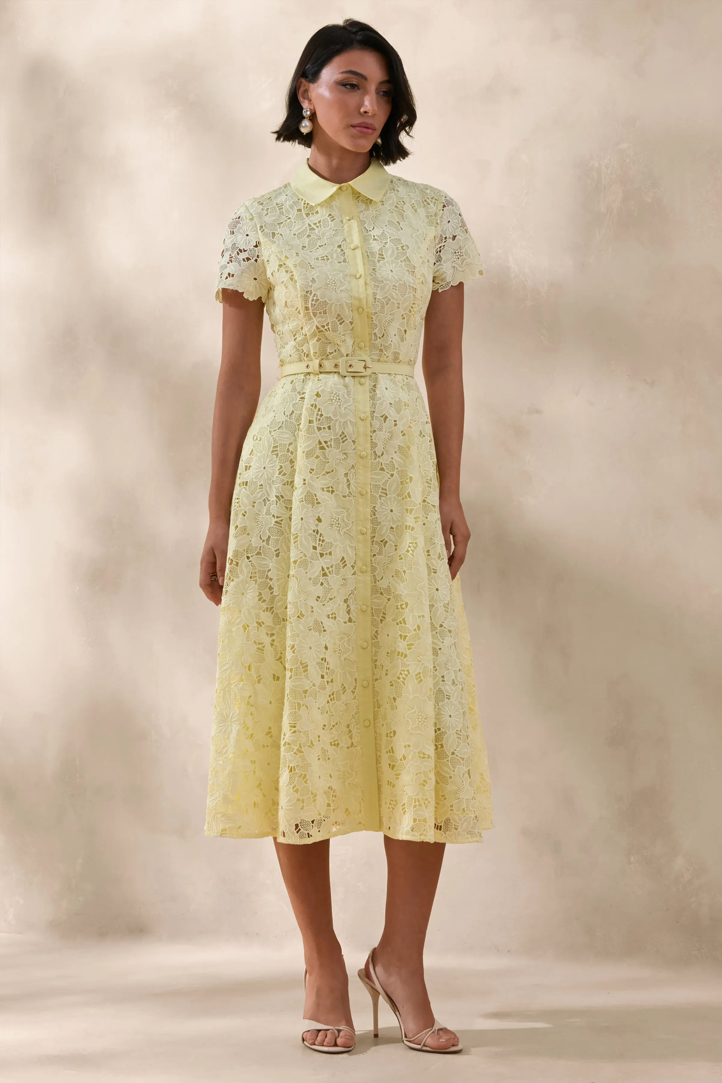 Zalie | Yellow Lace High-Neck Belted Midi Dress sold by Club L London product image thumbnail 4