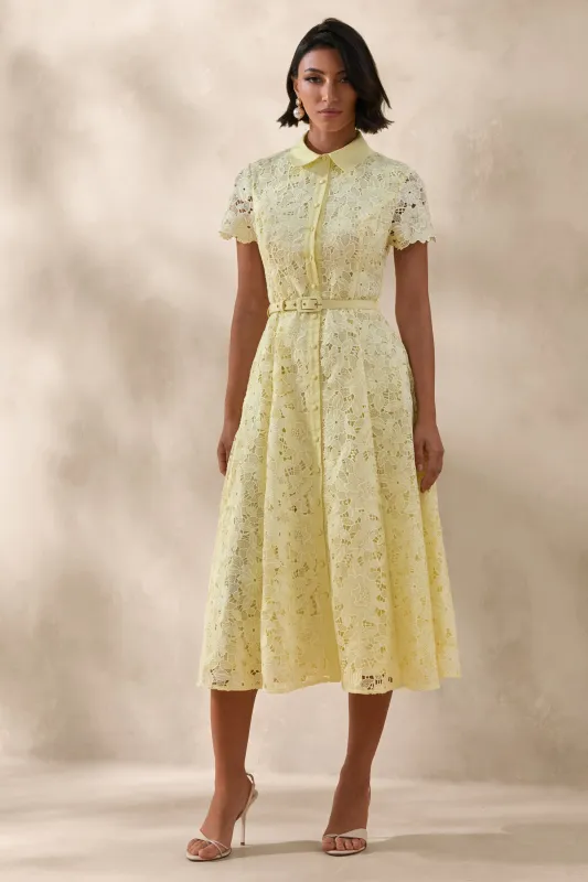 Zalie | Yellow Lace High-Neck Belted Midi Dress made by Club L London