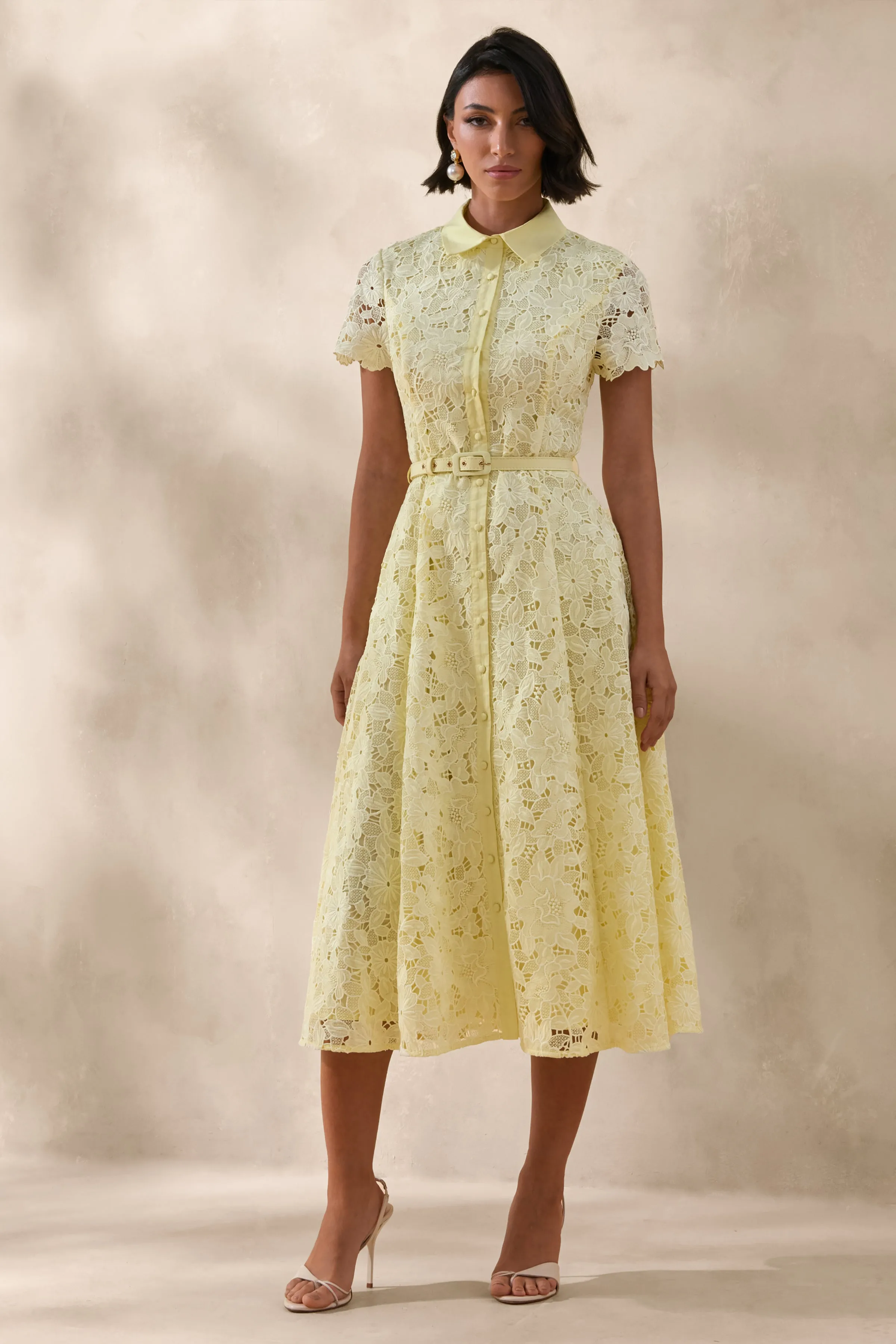 Zalie | Yellow Lace High-Neck Belted Midi Dress sold by Club L London