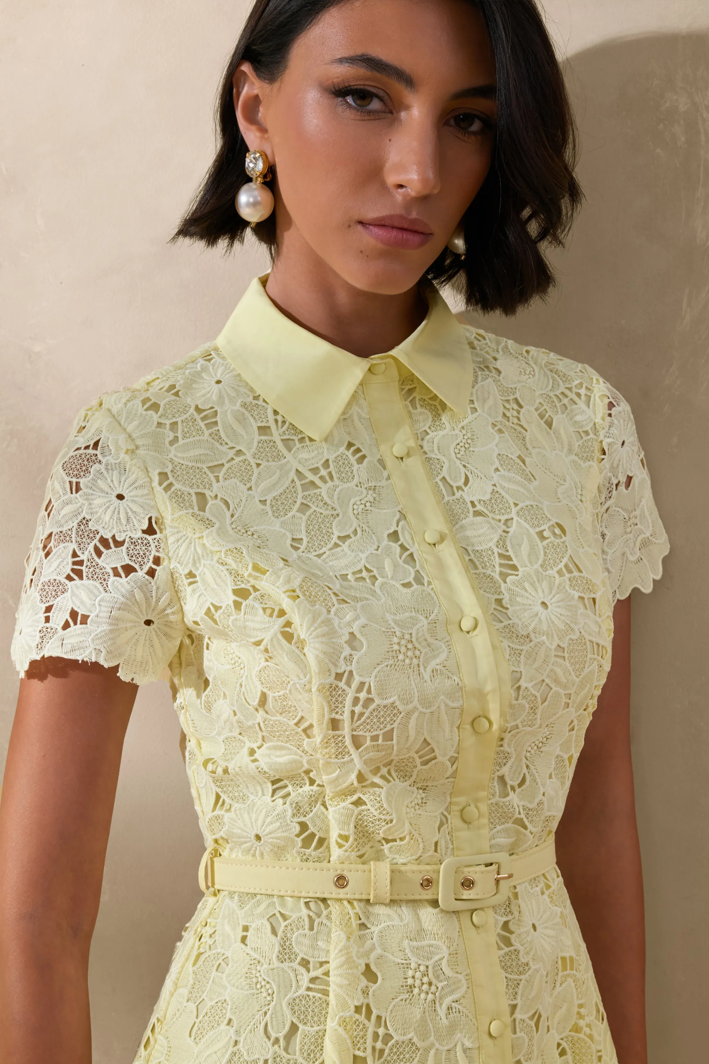 Zalie | Yellow Lace High-Neck Belted Midi Dress sold by Club L London product image thumbnail 3