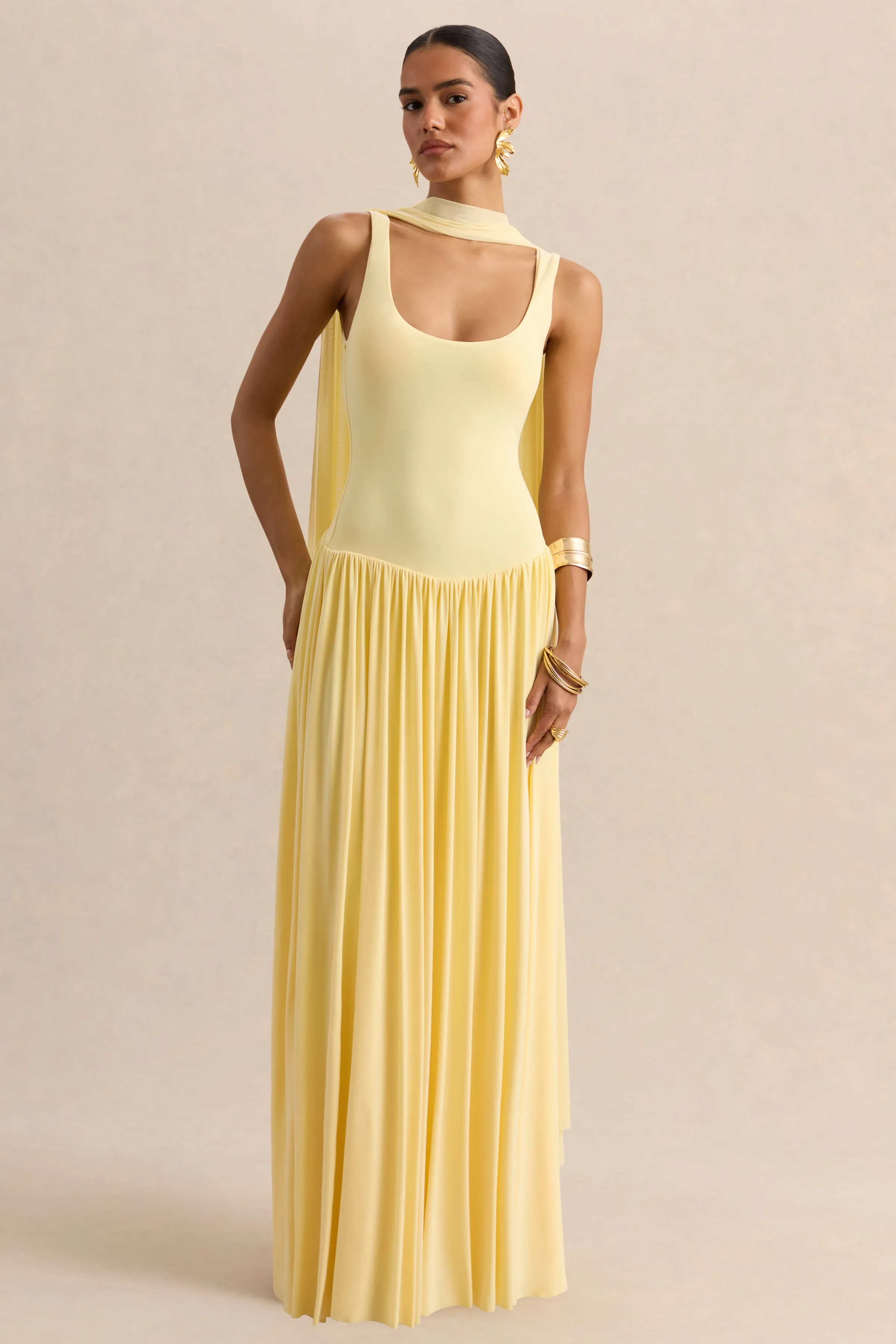 Aurina | Lemon Square-Neck Maxi Dress With Scarf-Detail sold by Club L London product image thumbnail 3