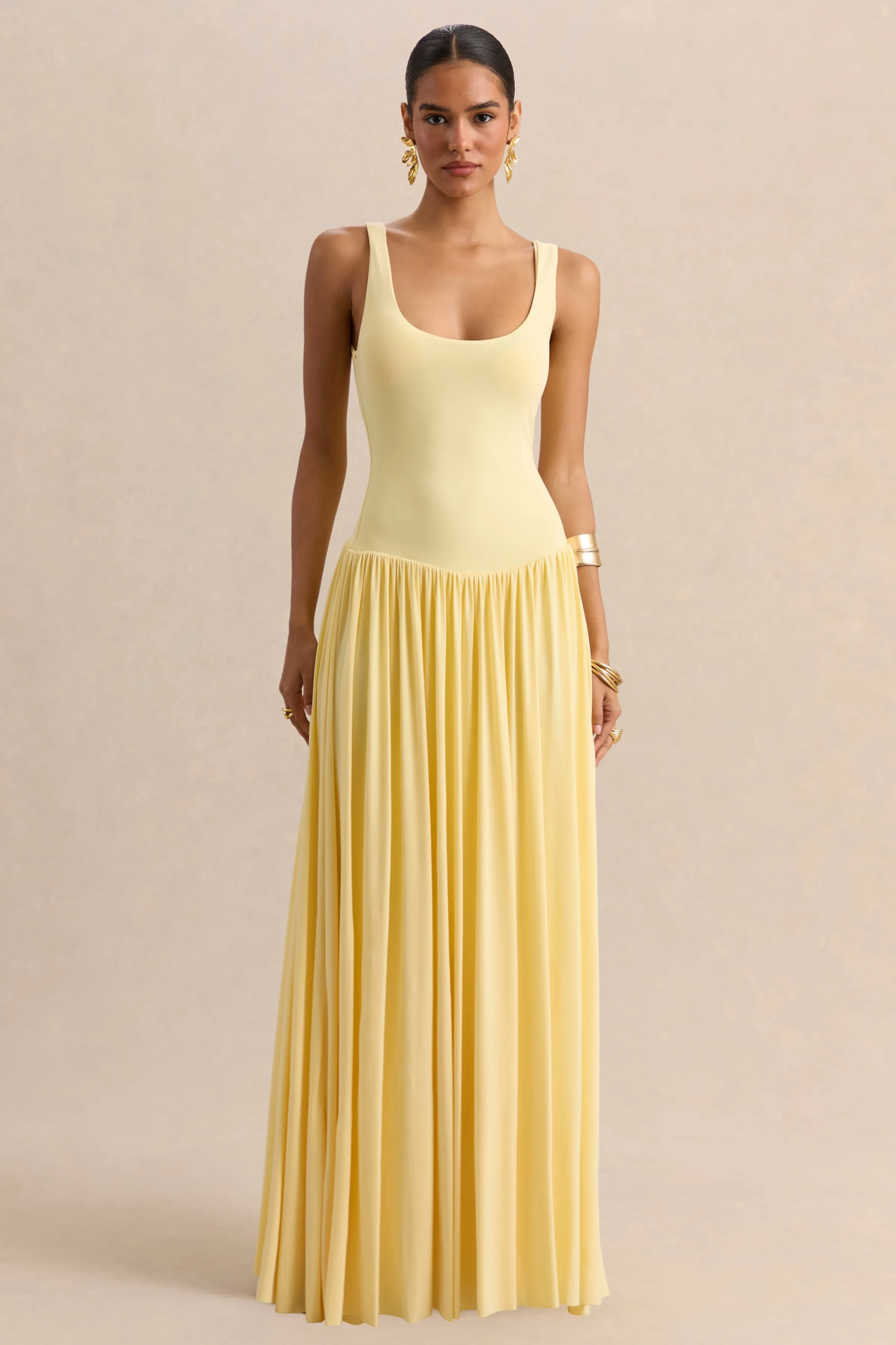 Aurina | Lemon Square-Neck Maxi Dress With Scarf-Detail sold by Club L London