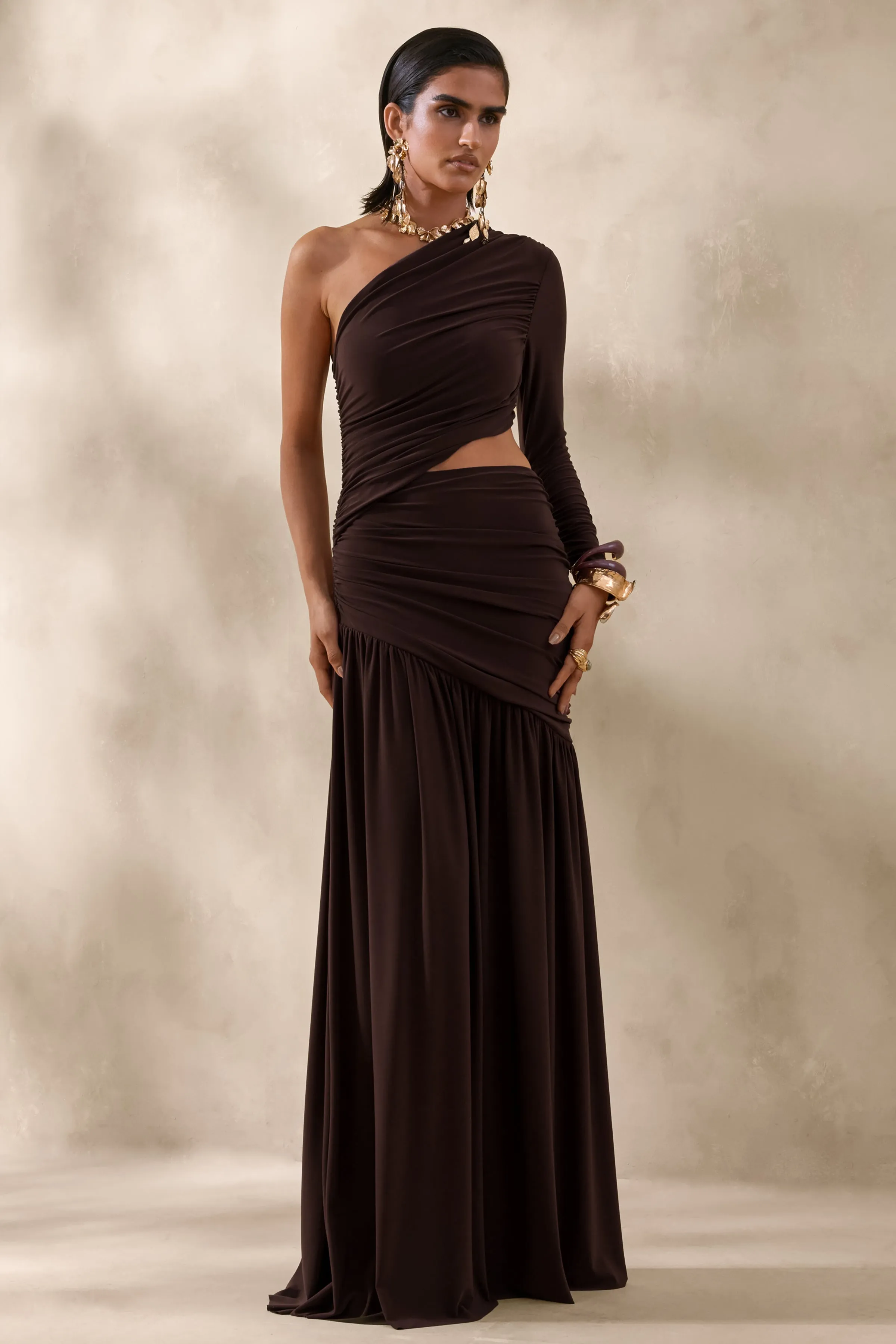 Kinsley | Brown Asymmetric-Neck Maxi Dress With Body Cut-Out Detail sold by Club L London product image thumbnail 4