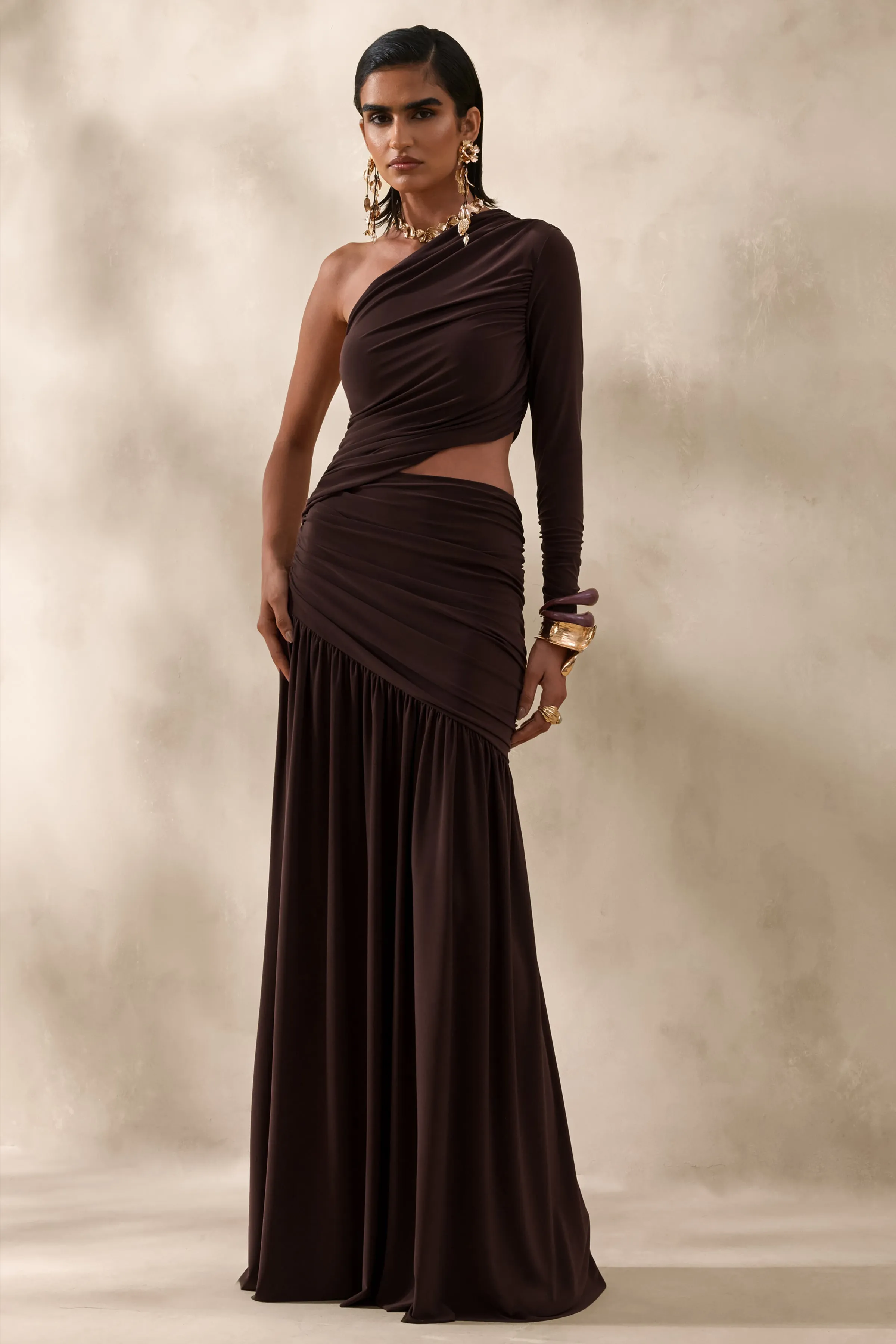 Kinsley | Brown Asymmetric-Neck Maxi Dress With Body Cut-Out Detail sold by Club L London