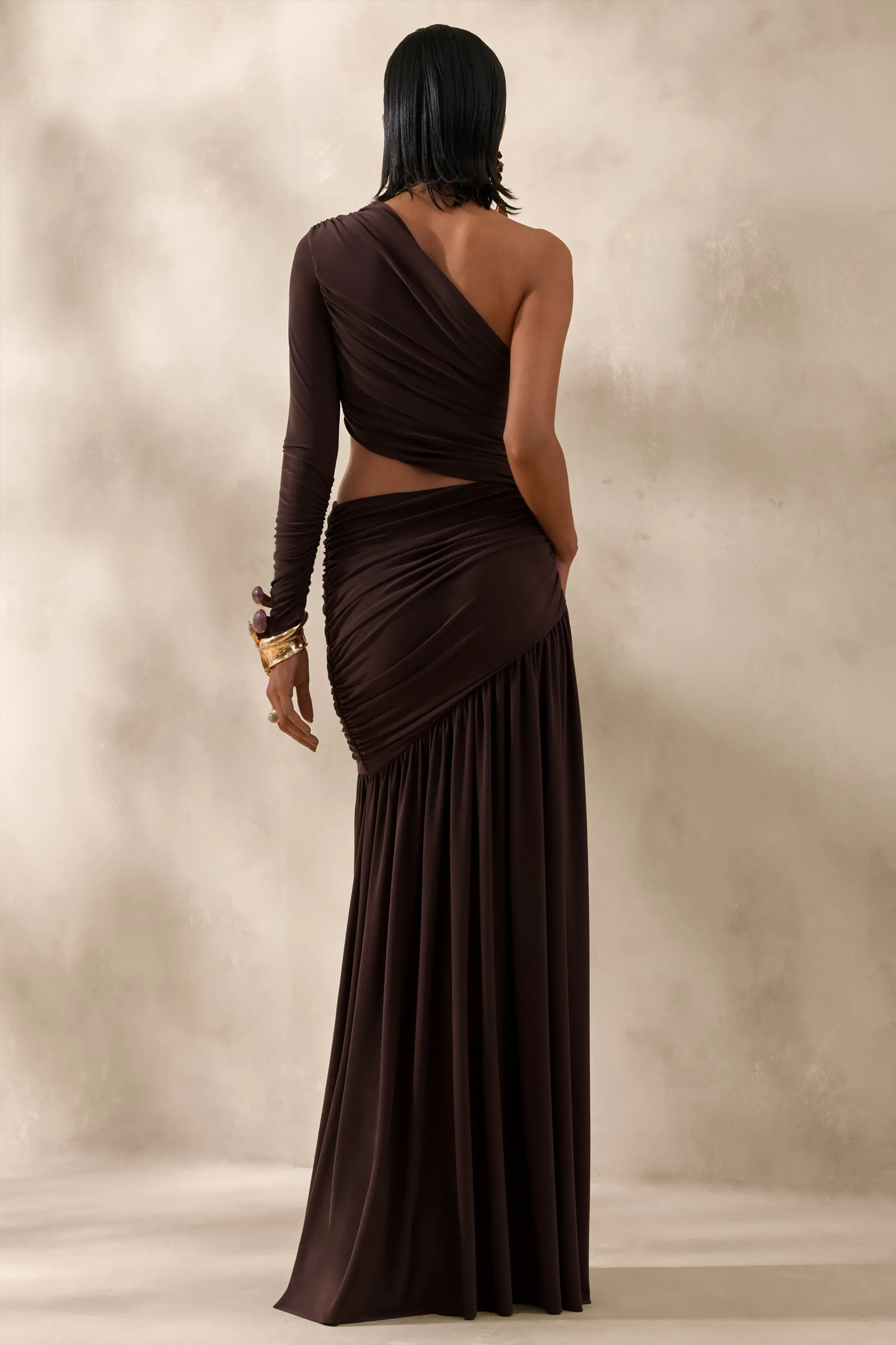 Kinsley | Brown Asymmetric-Neck Maxi Dress With Body Cut-Out Detail sold by Club L London product image thumbnail 2