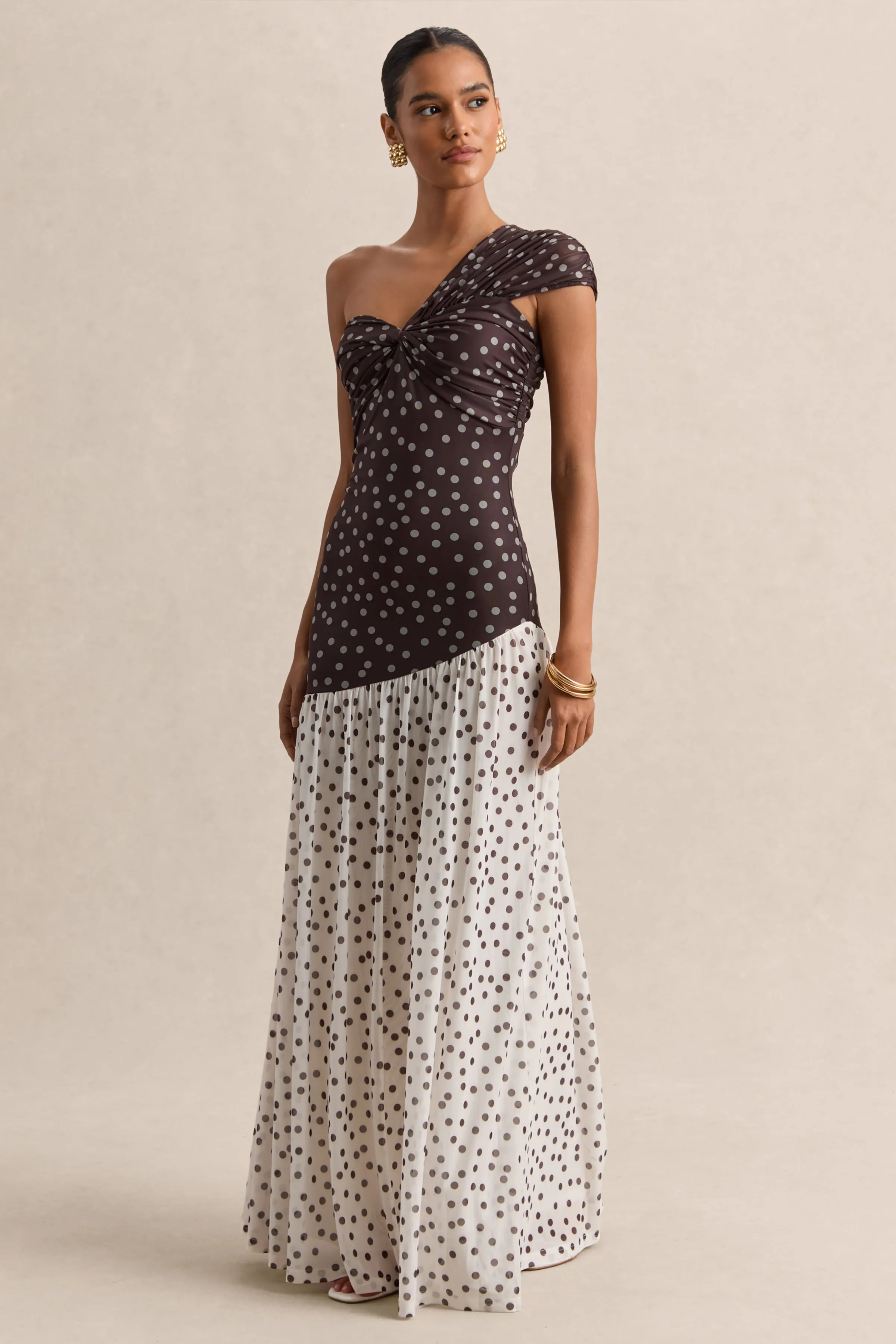 Motira | Brown Polka-Dot Asymmetric-Neck Maxi Dress With Asymmetric Drop-Waist sold by Club L London product image thumbnail 4