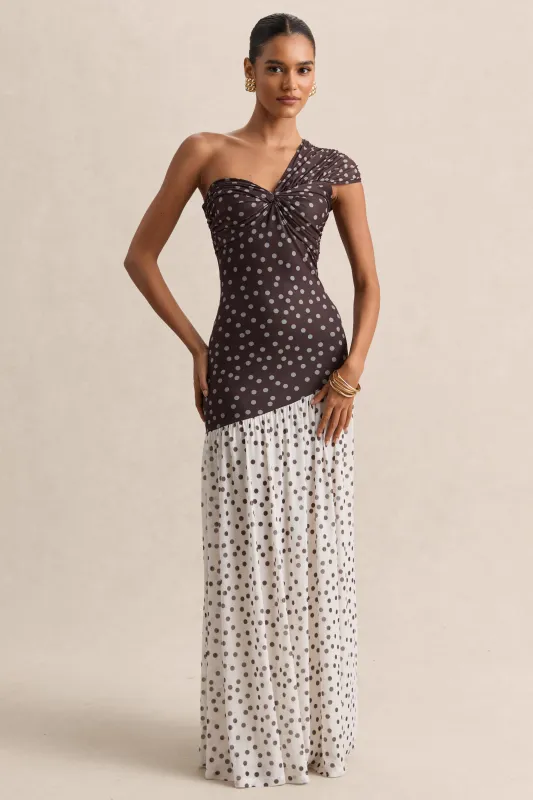 Motira | Brown Polka-Dot Asymmetric-Neck Maxi Dress With Asymmetric Drop-Waist sold by Club L London