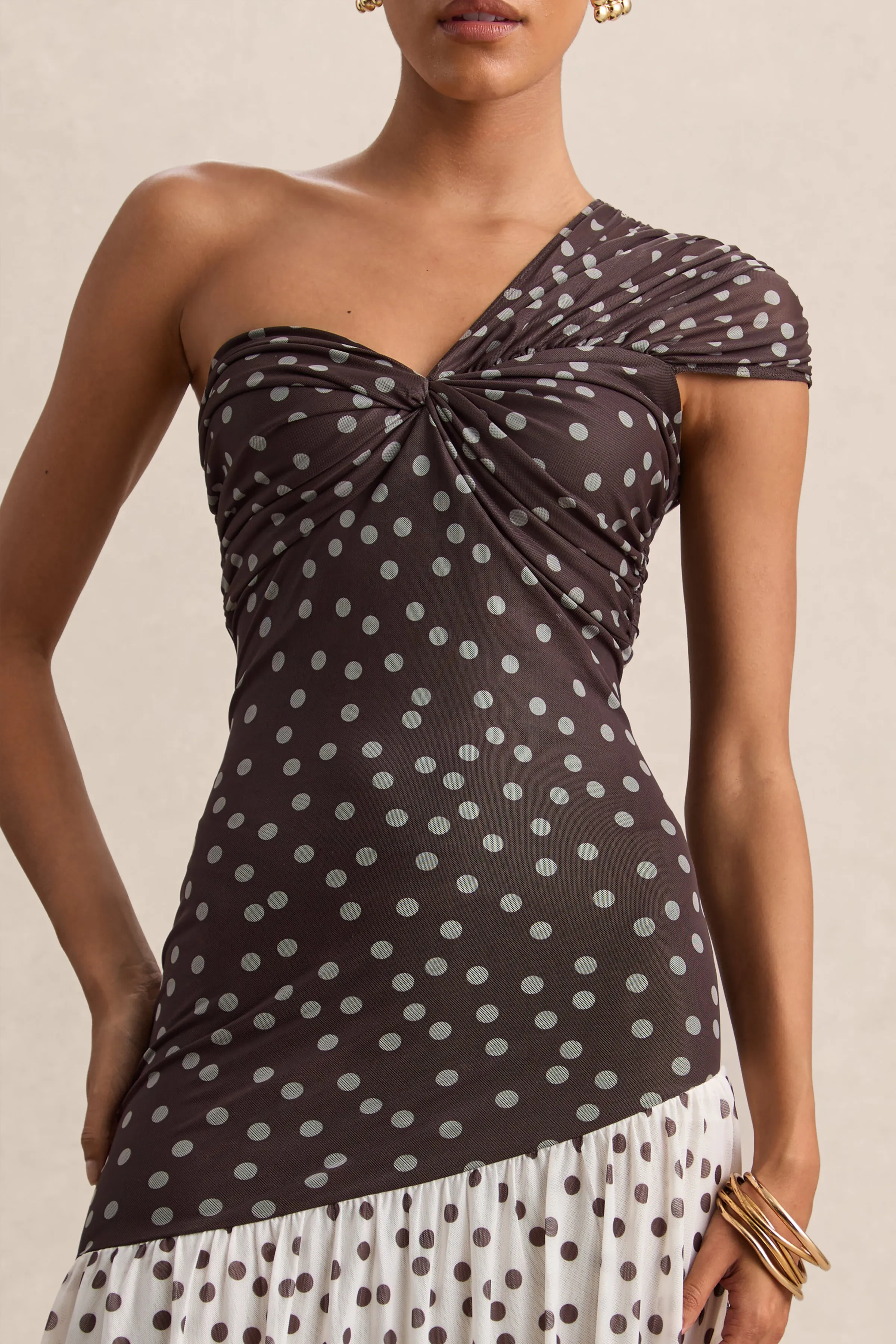Motira | Brown Polka-Dot Asymmetric-Neck Maxi Dress With Asymmetric Drop-Waist sold by Club L London product image thumbnail 5