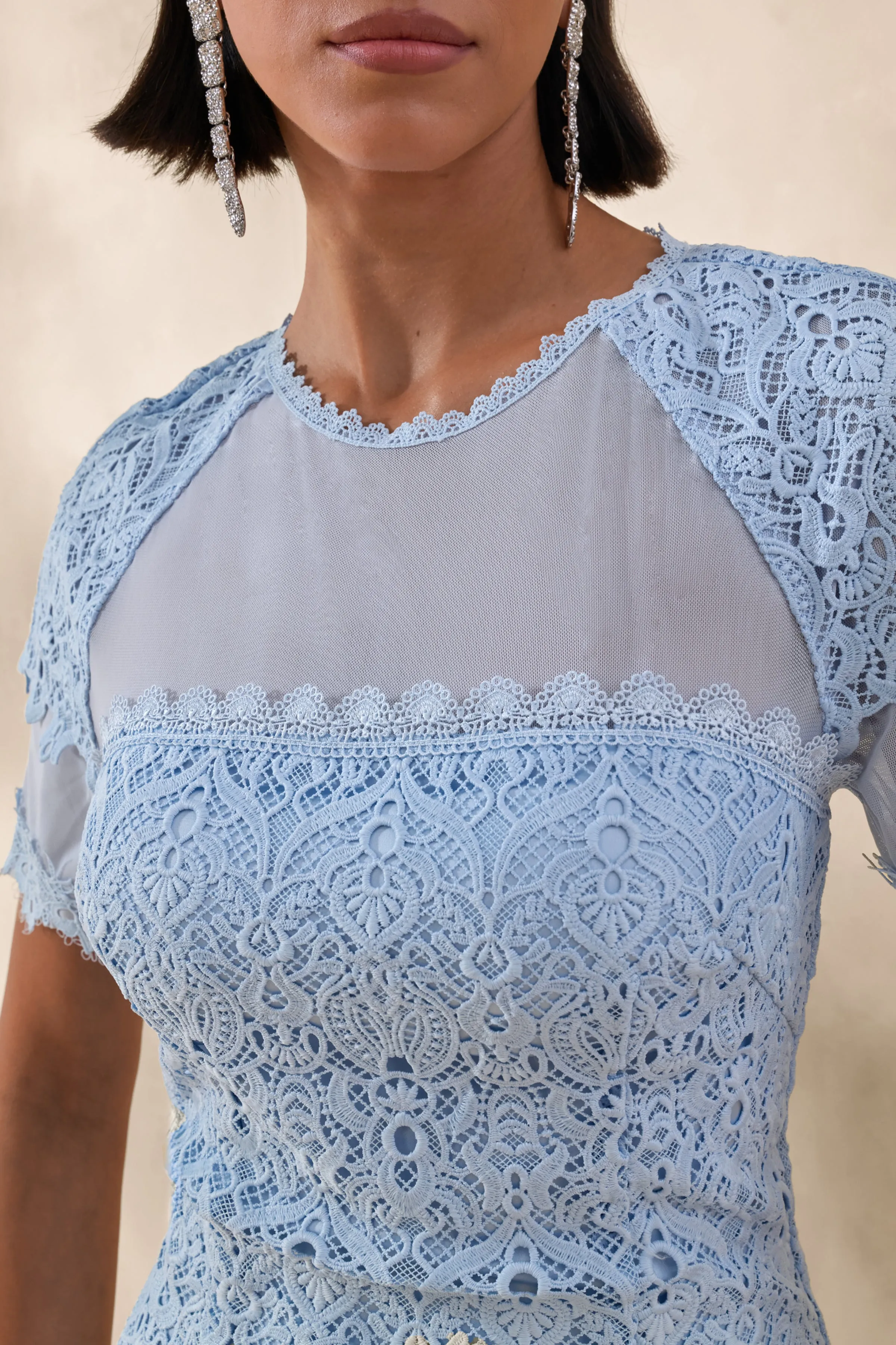 Leanne | Powder Blue Mesh And Lace Crew-Neck Fishtail Midi Dress sold by Club L London product image thumbnail 5