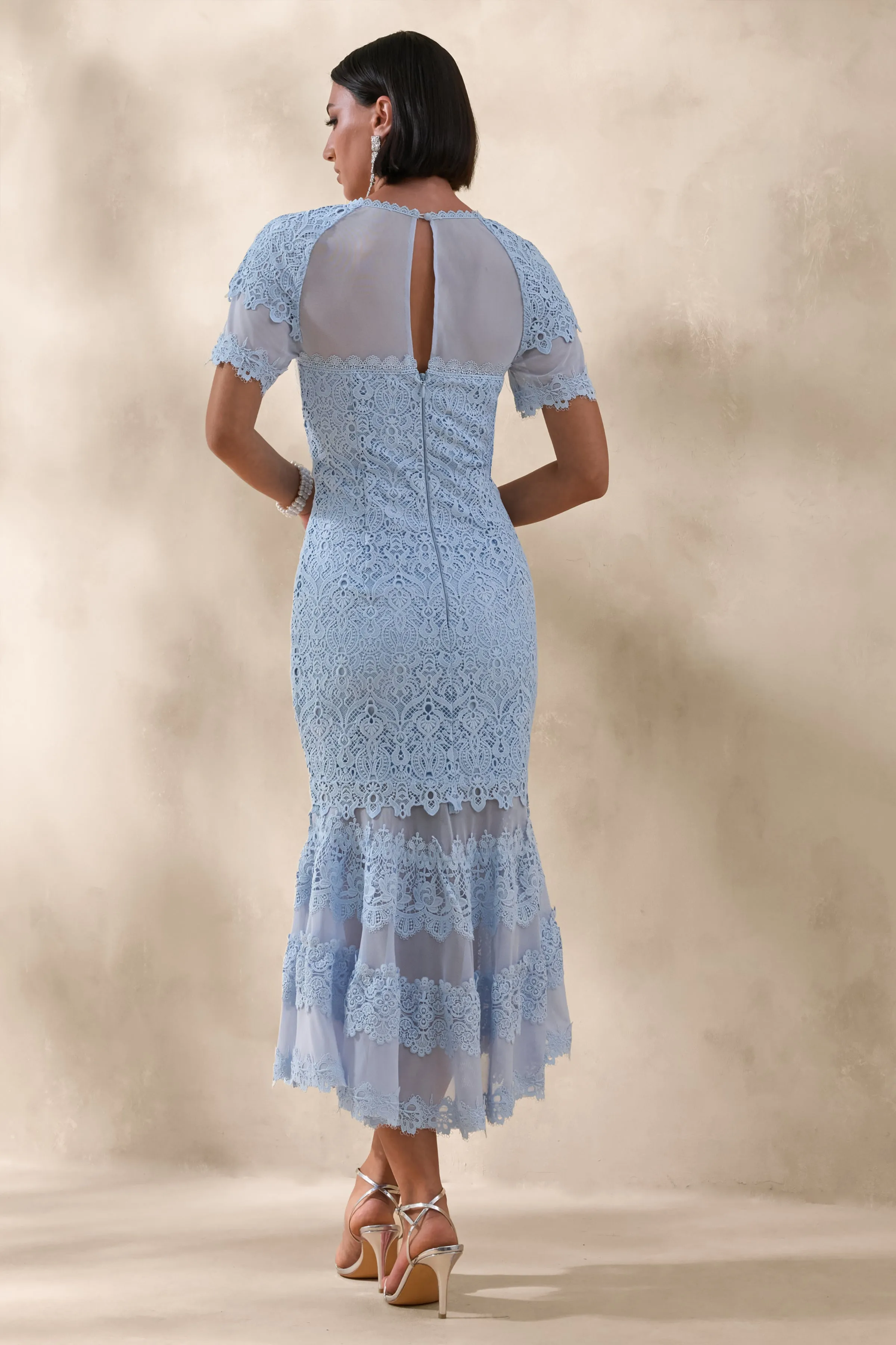 Leanne | Powder Blue Mesh And Lace Crew-Neck Fishtail Midi Dress sold by Club L London product image thumbnail 2