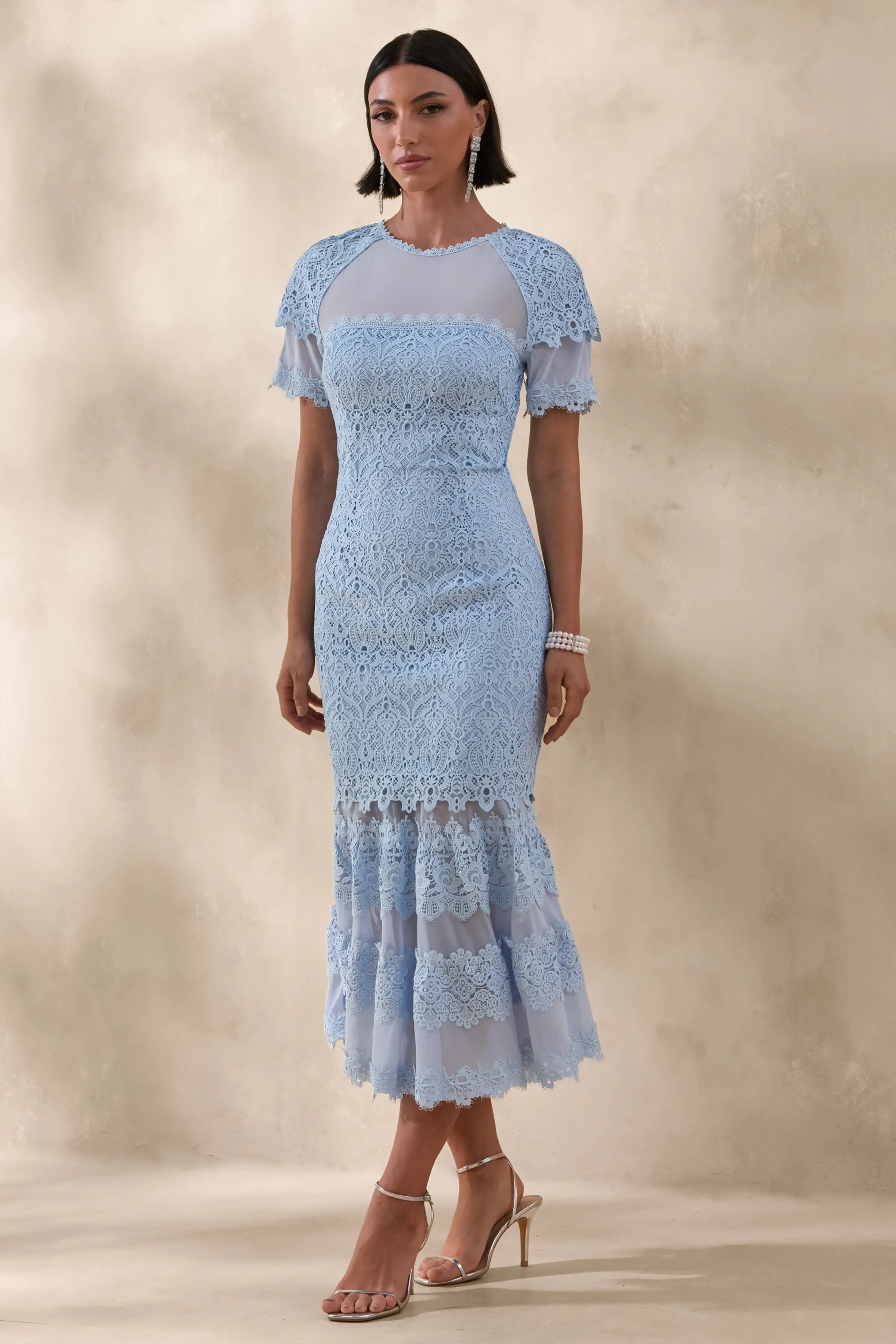 Leanne | Powder Blue Mesh And Lace Crew-Neck Fishtail Midi Dress sold by Club L London product image thumbnail 4