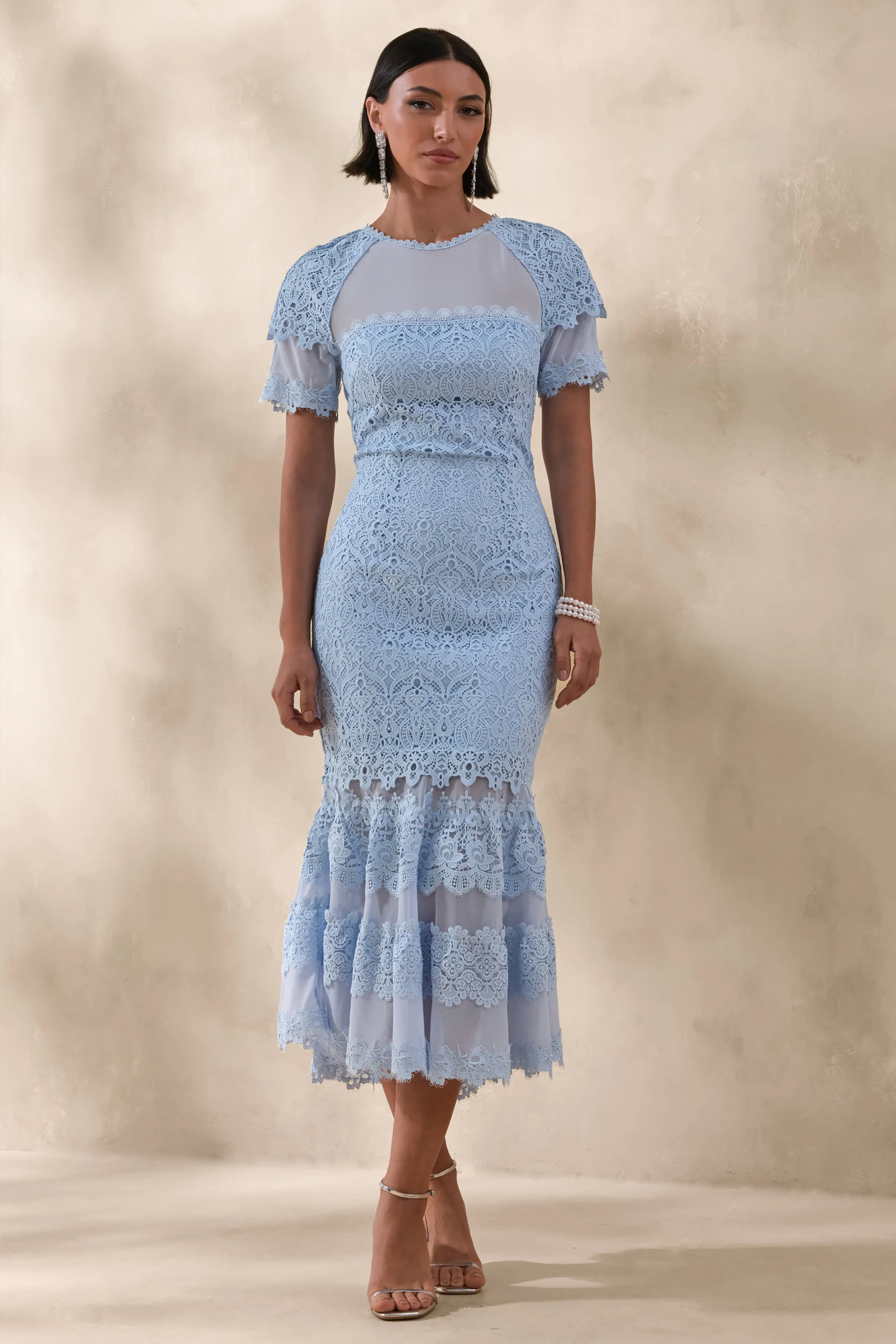 Leanne | Powder Blue Mesh And Lace Crew-Neck Fishtail Midi Dress sold by Club L London
