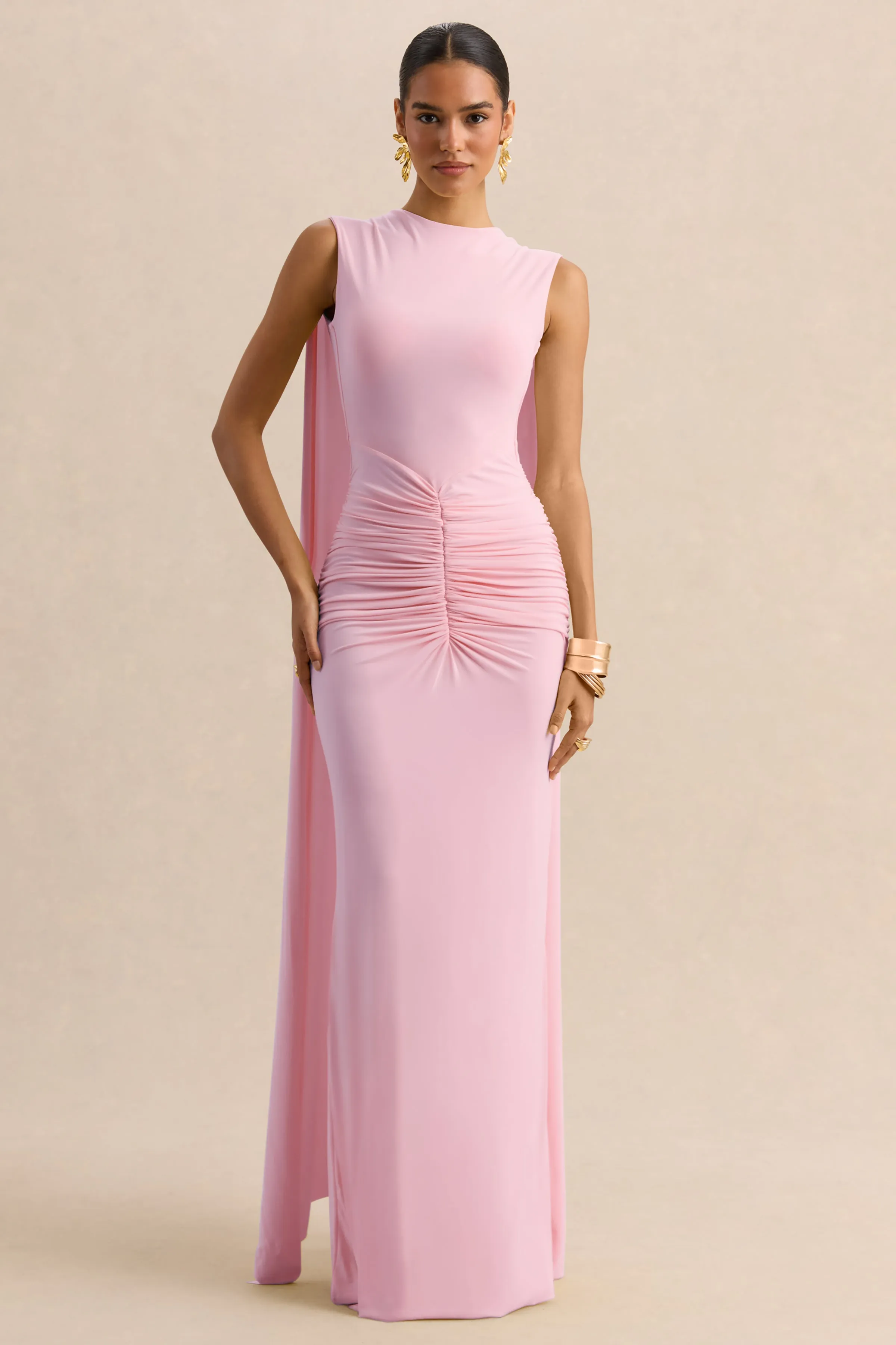 Premiere | Light Pink Boat-Neck Maxi Dress With Cape-Sleeves And Open-Back sold by Club L London product image thumbnail 4